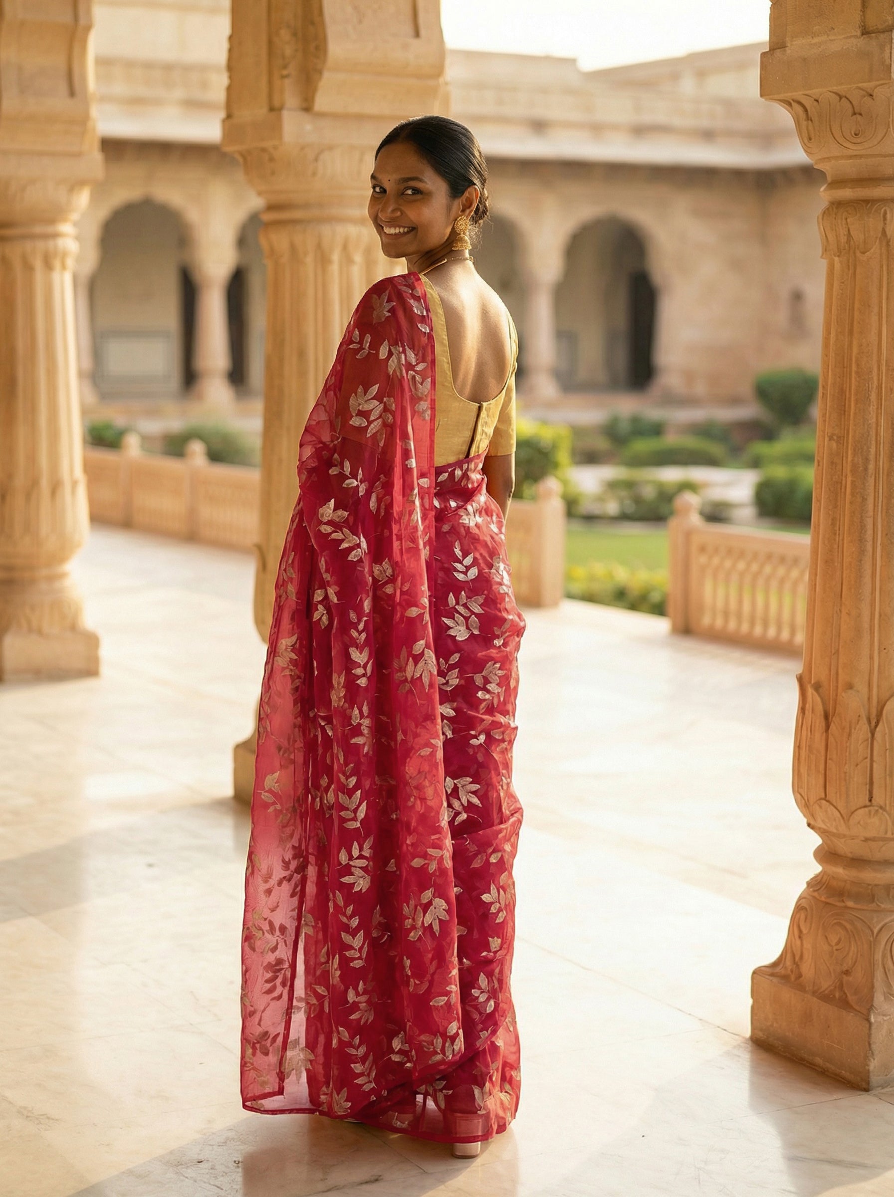 Synthetic Pink Saree with Stylish Botanical Motifs