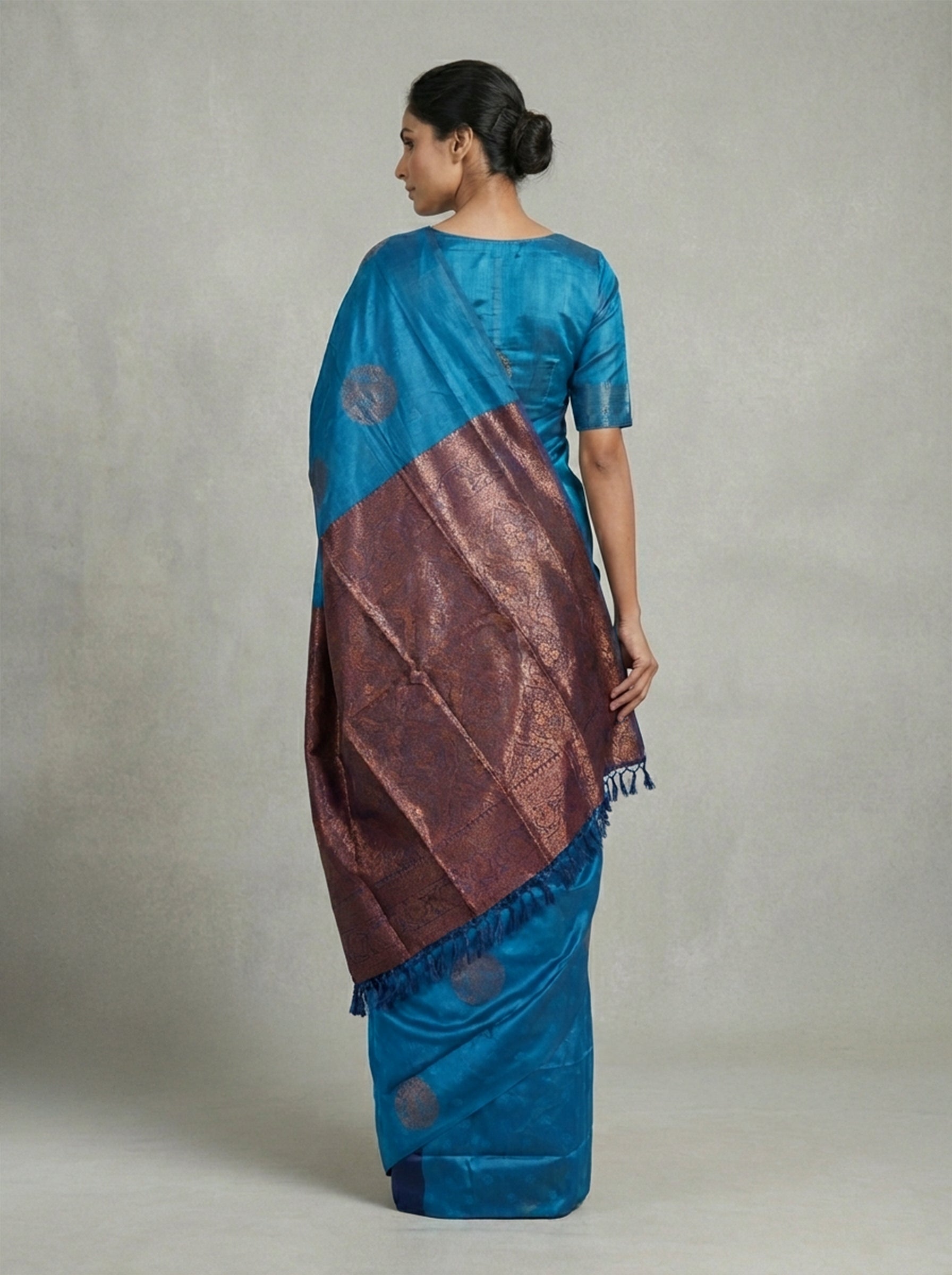 Semi Silk Women’s Peacock Blue Saree with Contrast Navy Blue Blouse