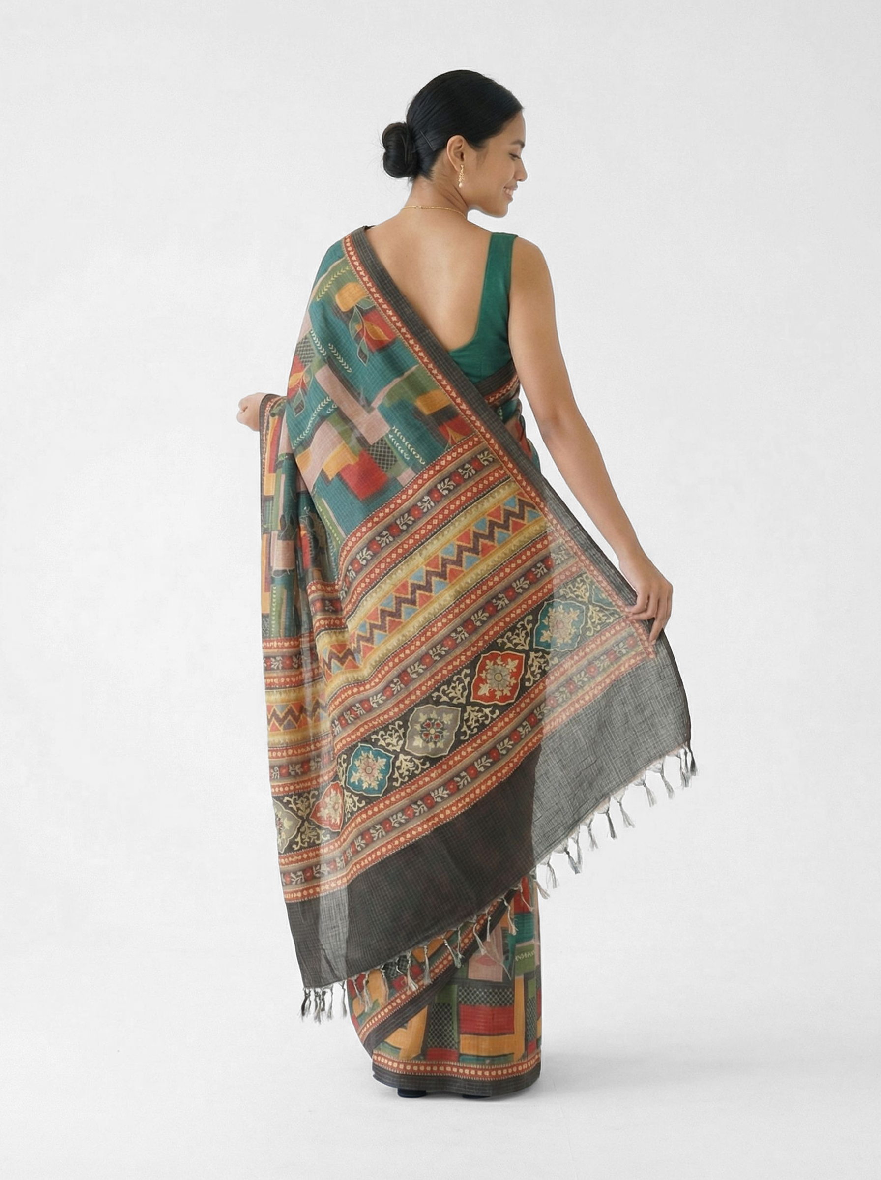 Chanderi Cotton Teal Abstract Geometric Saree