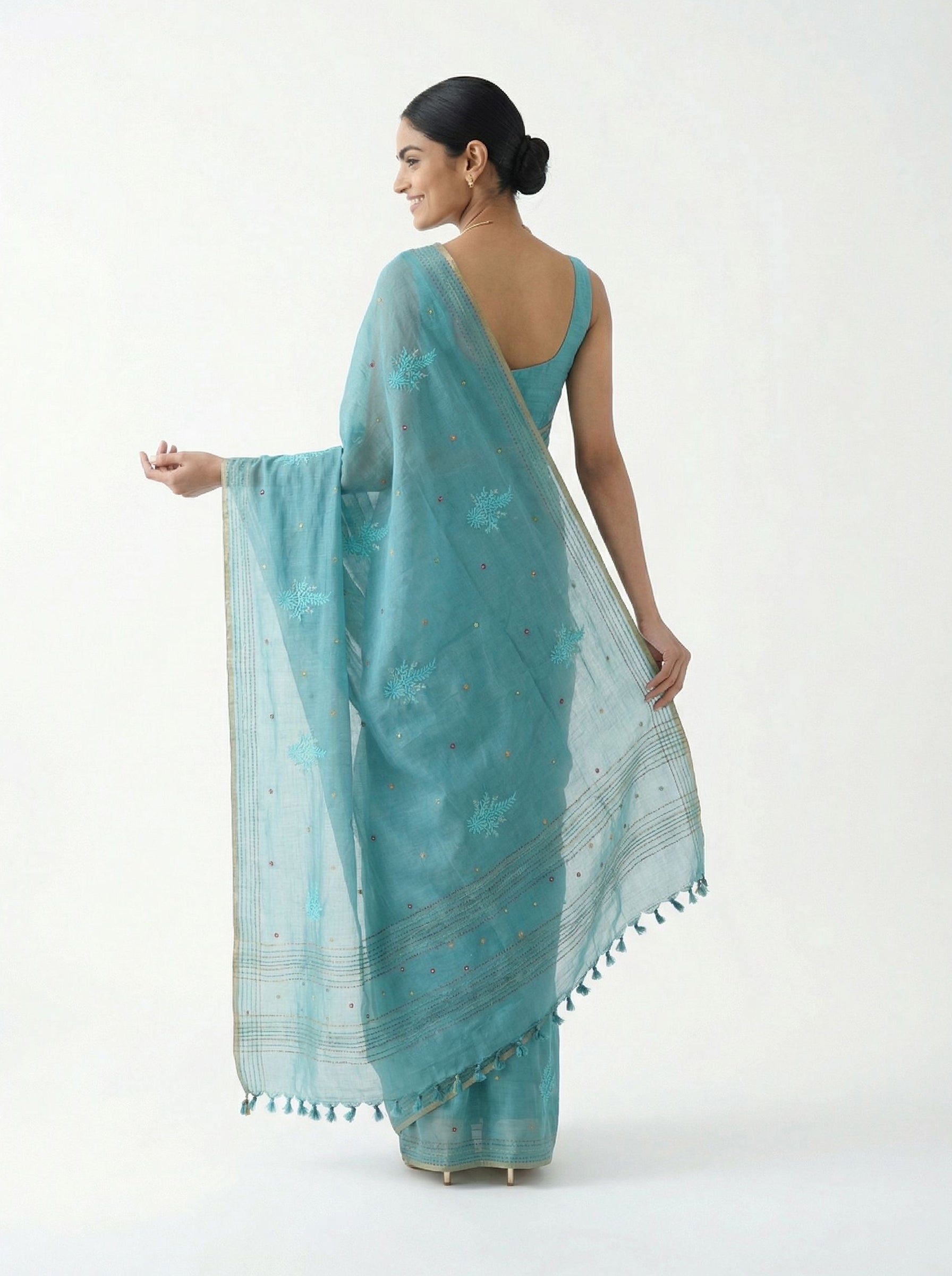 Chanderi Cotton Sky Blue Embroidered Floral Pattern Saree