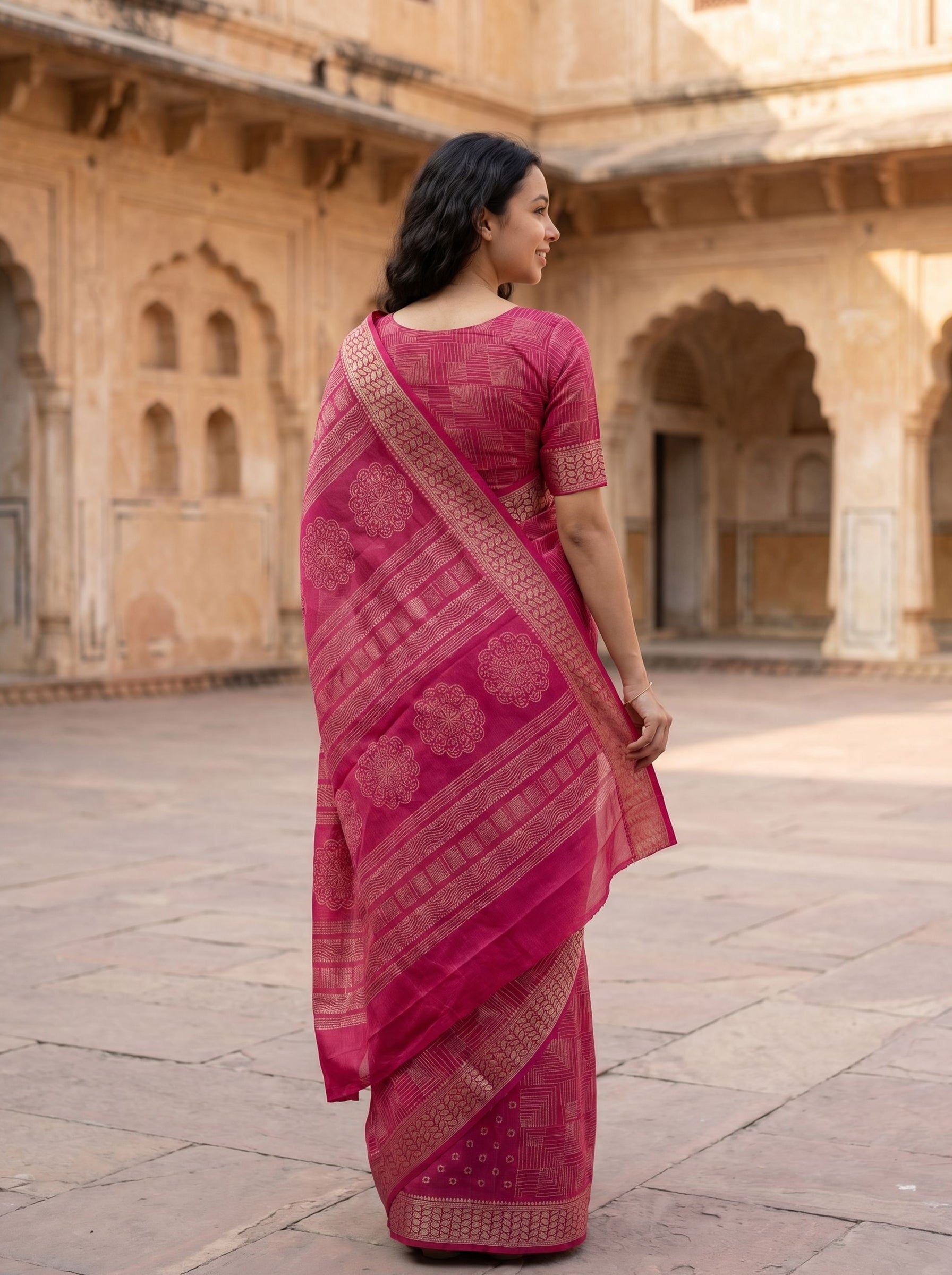 Semi Tussar  Deep Pink Geometric Zari Woven Saree