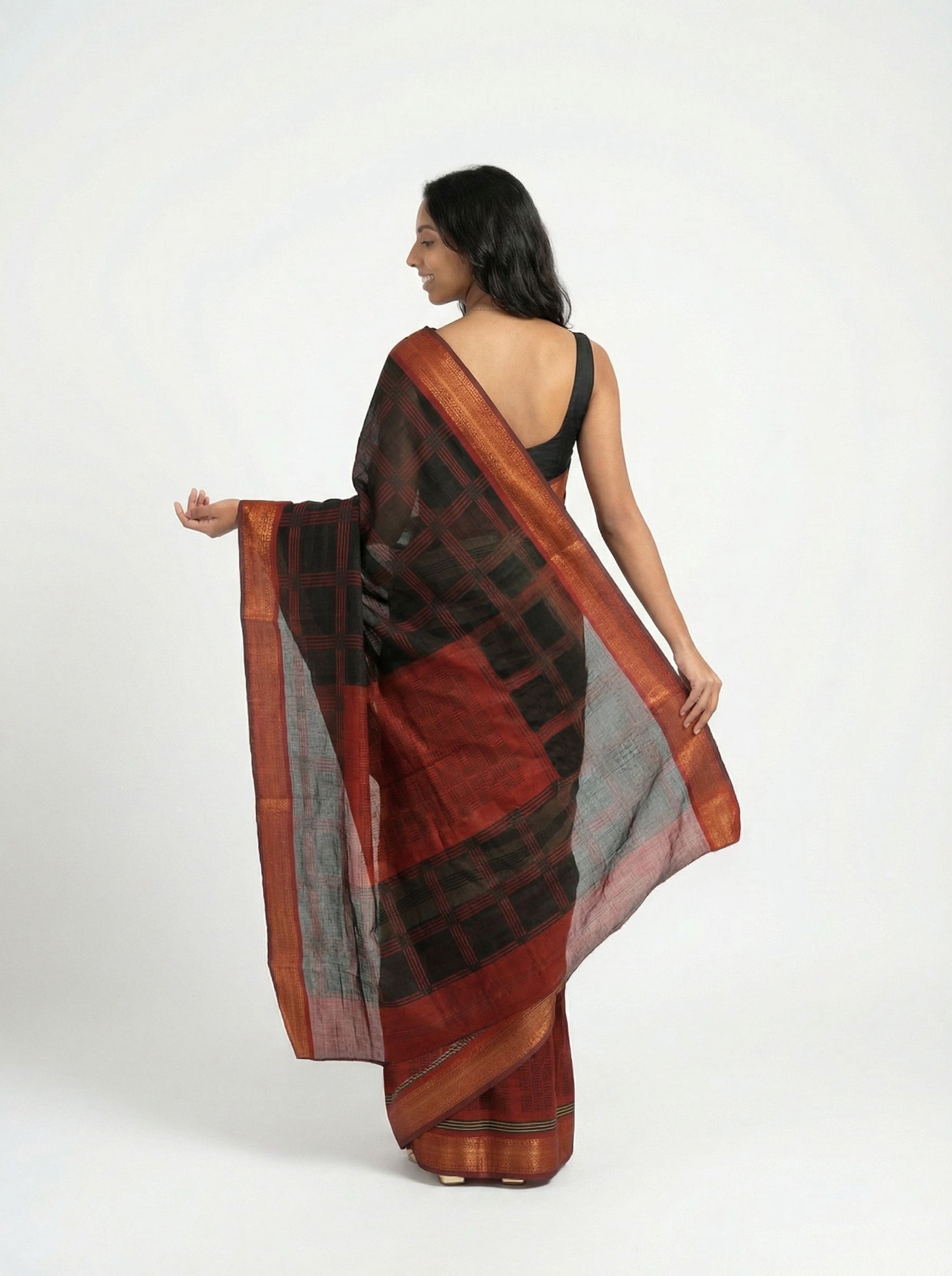 Chanderi Cotton Black Rust Striped Saree