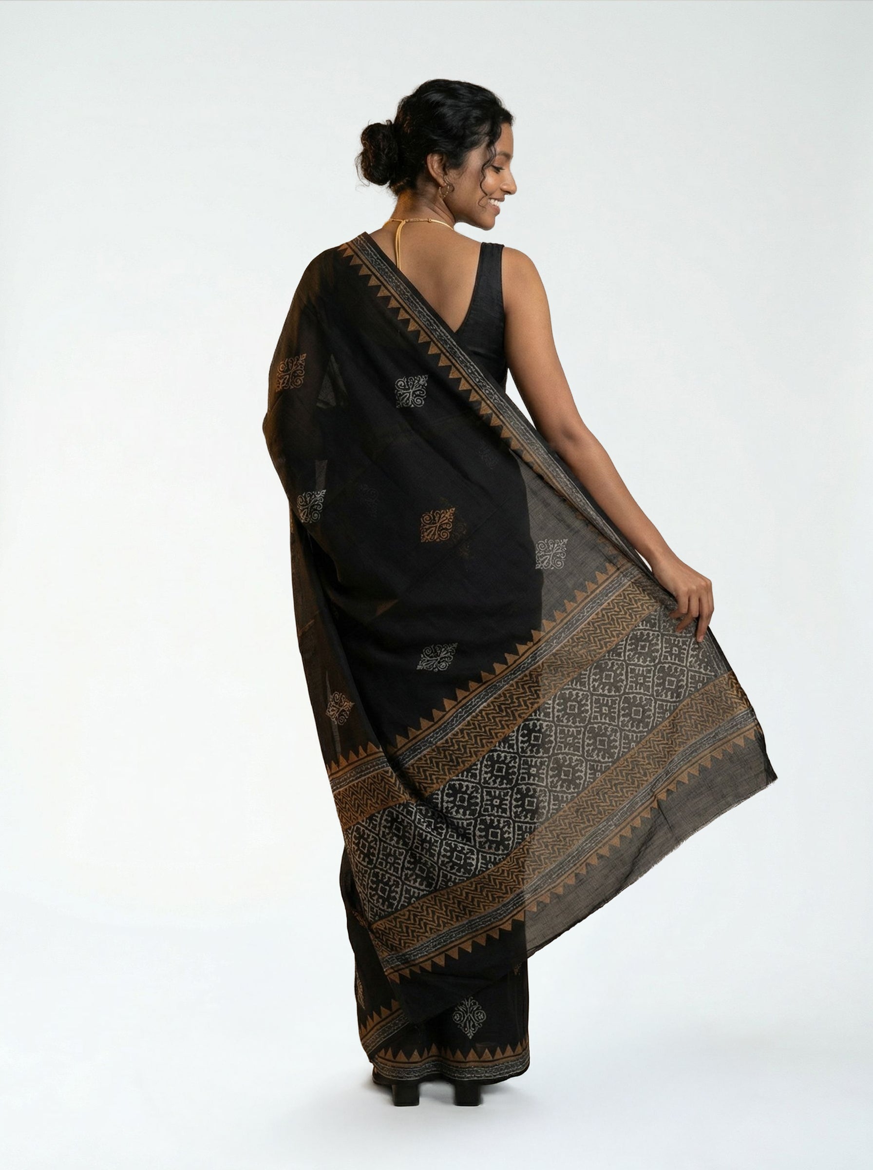 Chanderi Cotton Black Printed Ethnic Saree