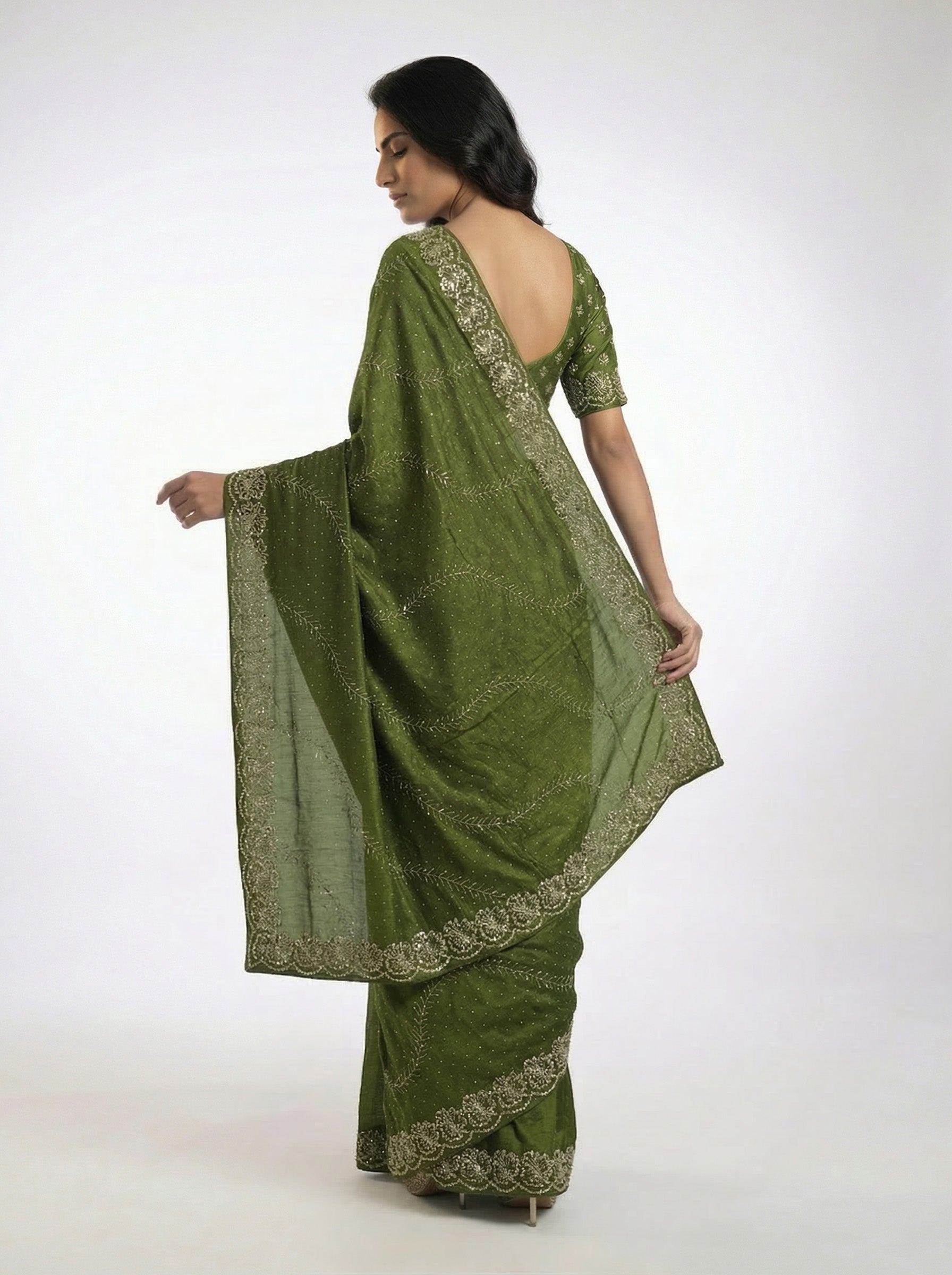 Vijithra Silk Dark Olive Green Stone Work Designer Saree