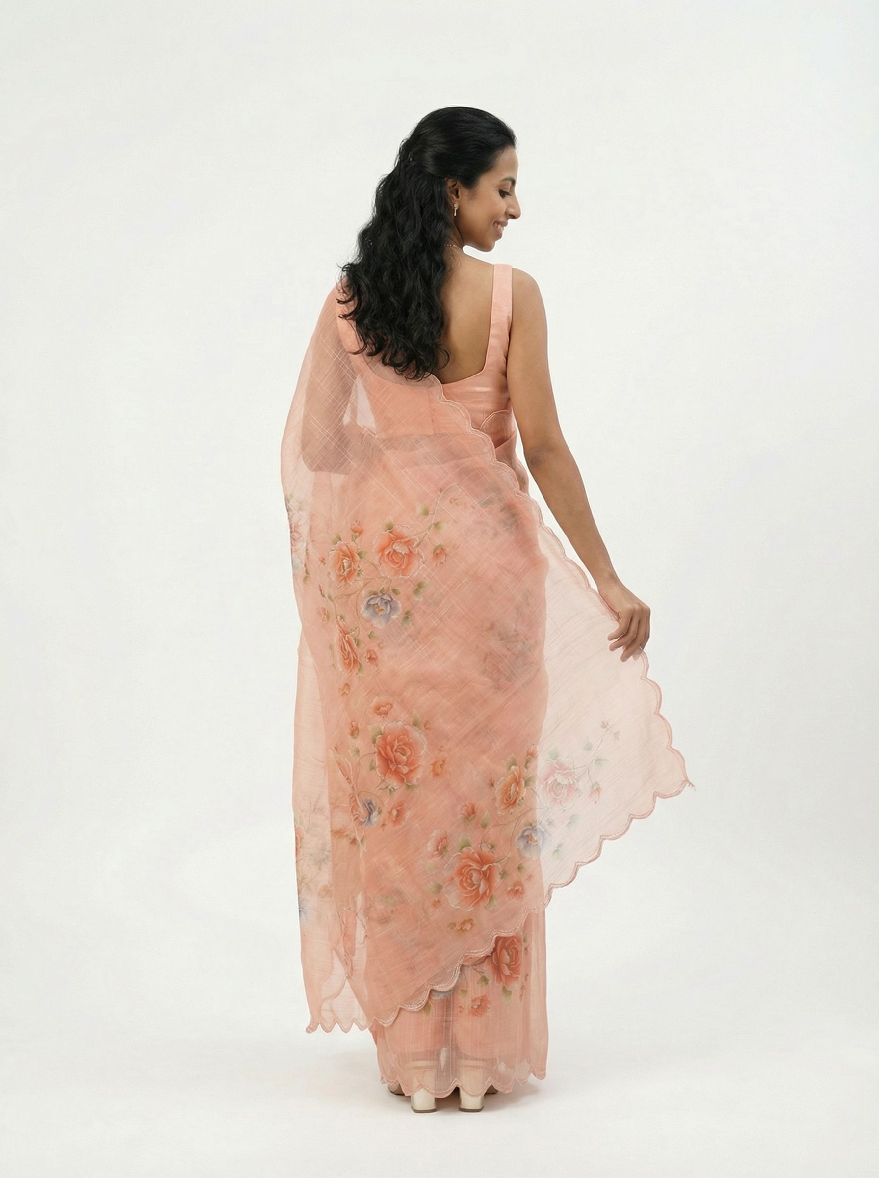 Organza Soft Peach Embroidered Saree