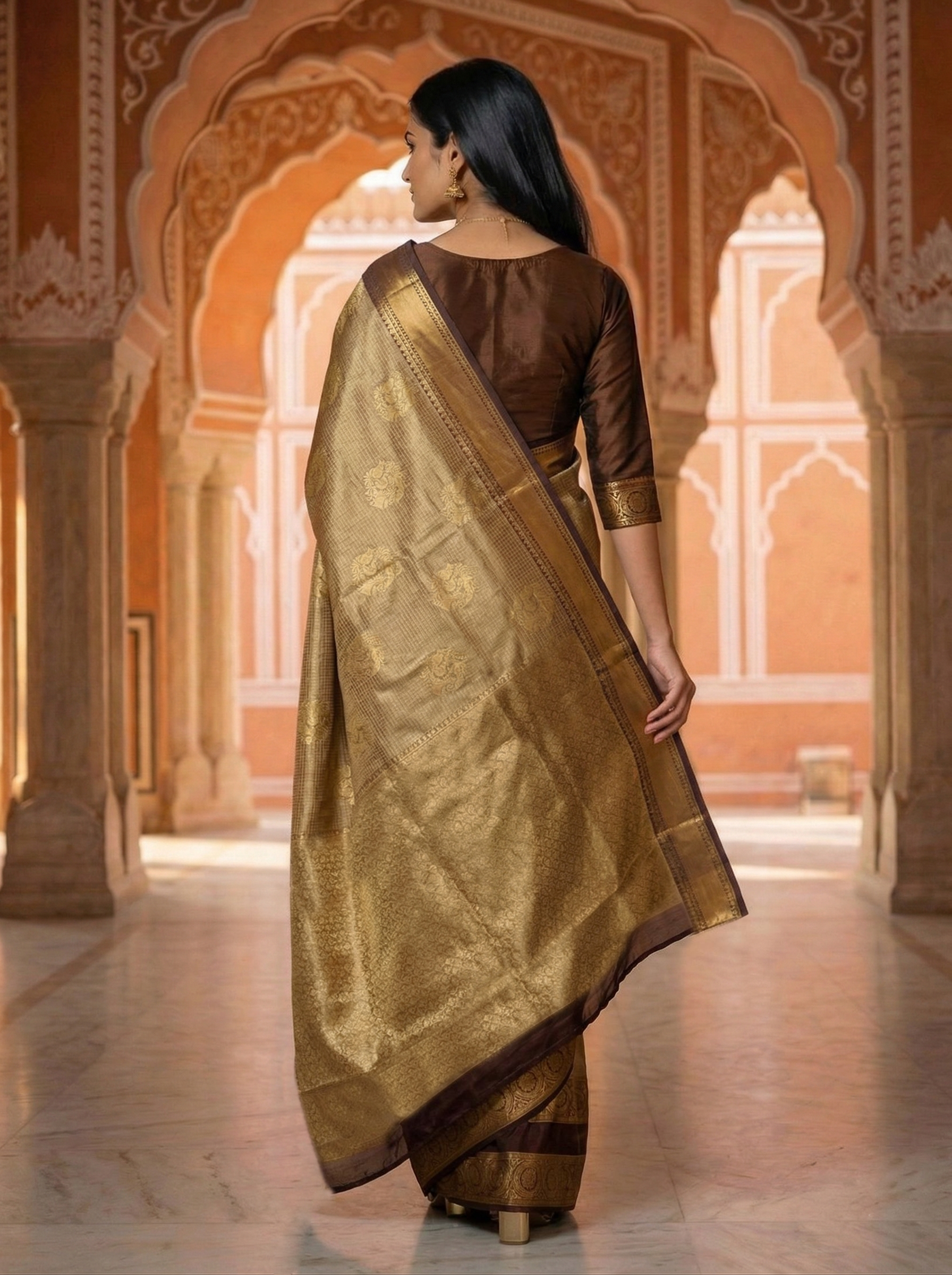 Semi Silk Regal Olive Gold  Saree with Grand Temple Border Design