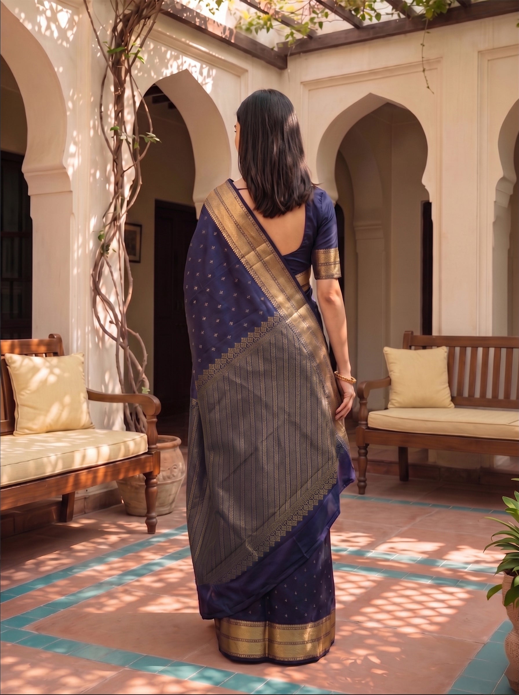 Pure silk Midnight Navy Blue Traditional Micro Butta Saree