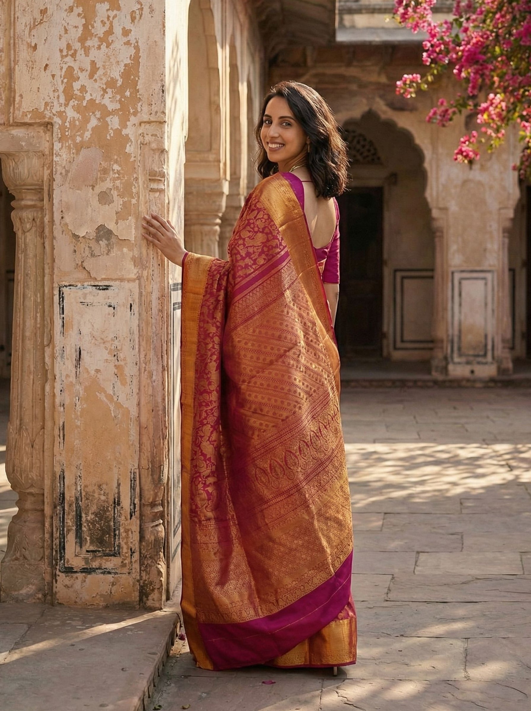 Kanjivaram Pure Silk Magenta Pink Floral Jacquard Woven Saree