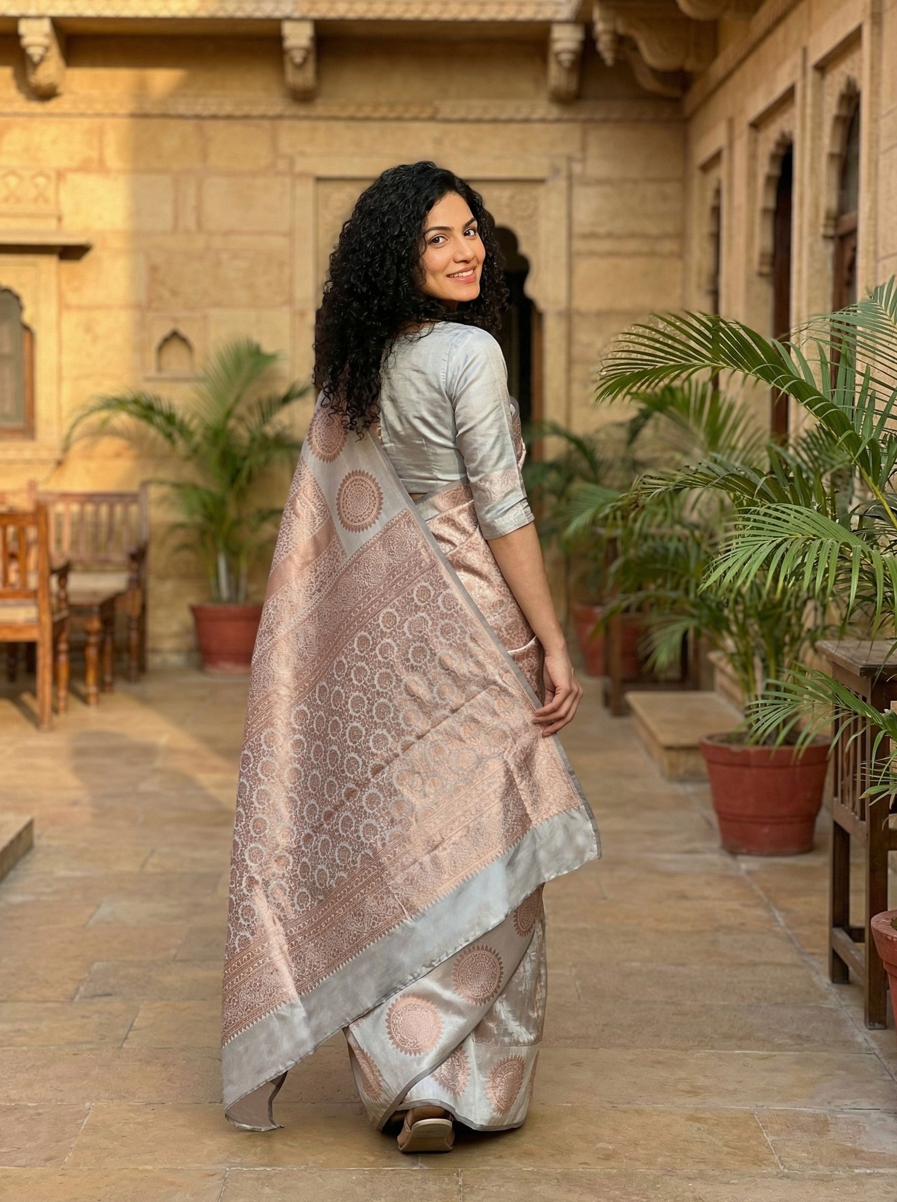 Semi Silk Metallic Beige Large Round Pattern Saree
