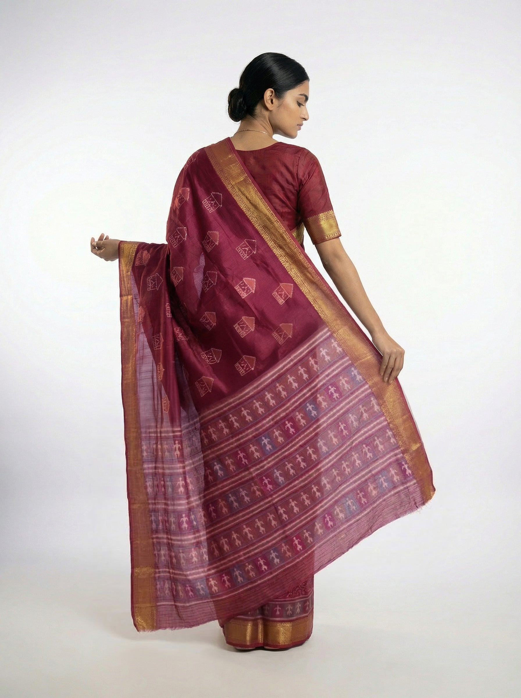 Chanderi Cotton Maroon Saree with Tribal Printed Pattern and Zari Border