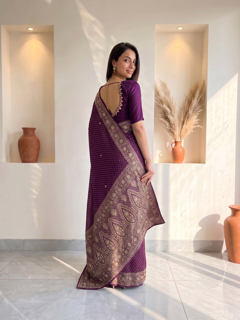 Woman wearing a purple saree with a brown blouse in a well-lit room.