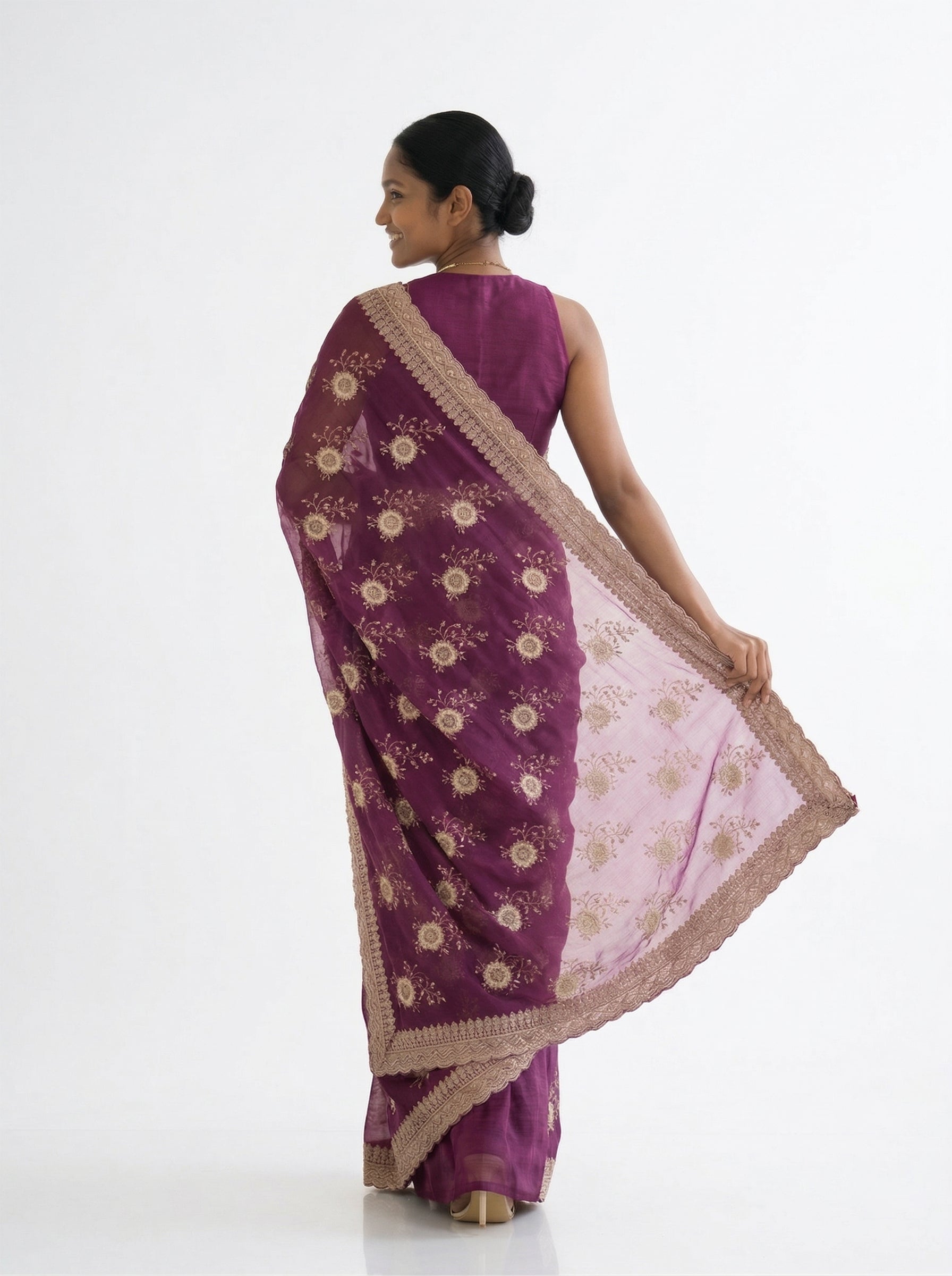 Vijithra Silk Violet Floral Embroidery Saree