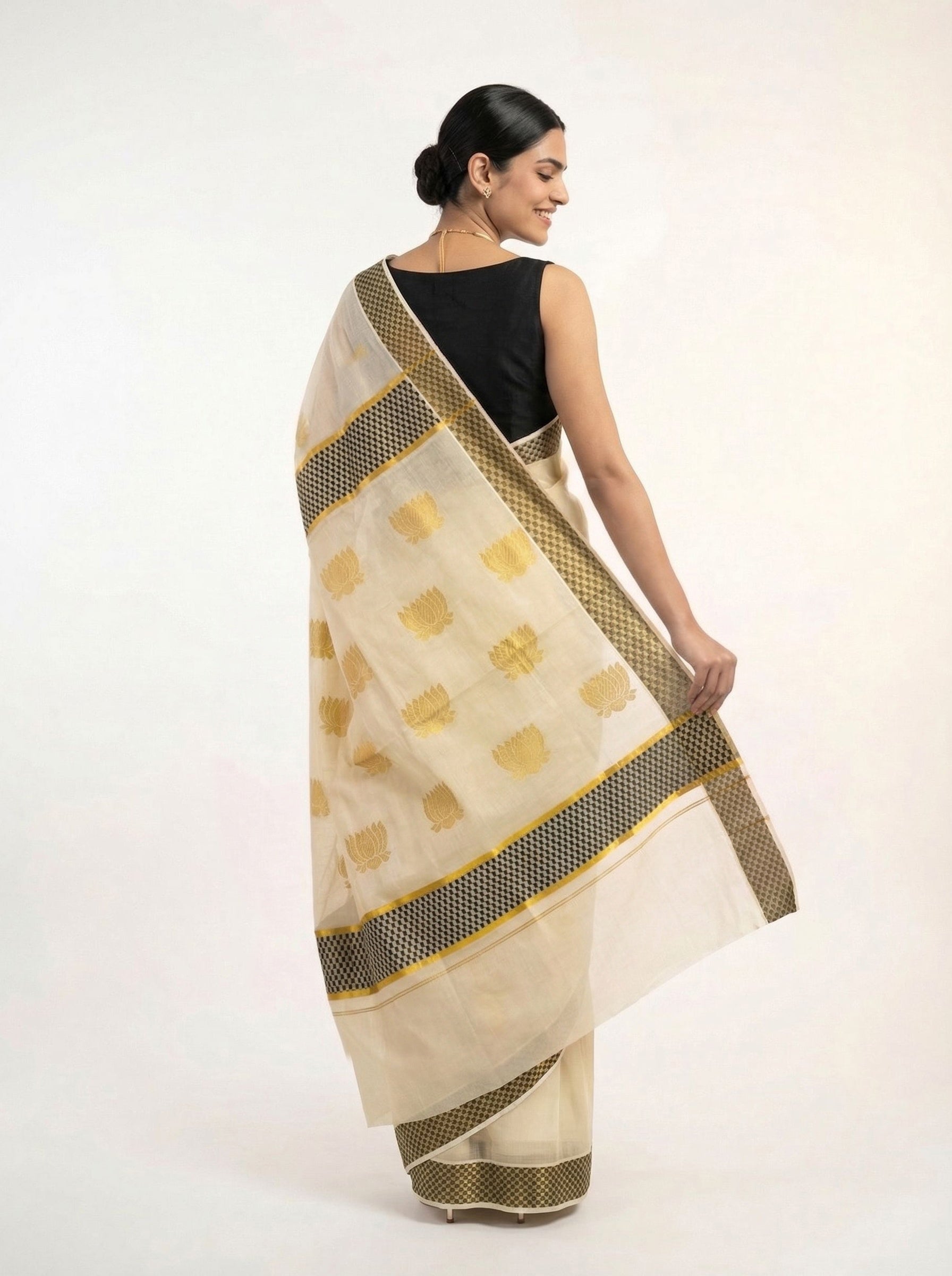 Tissue Cream Saree with Gold Butta and Checked Border Pattern Set Saree