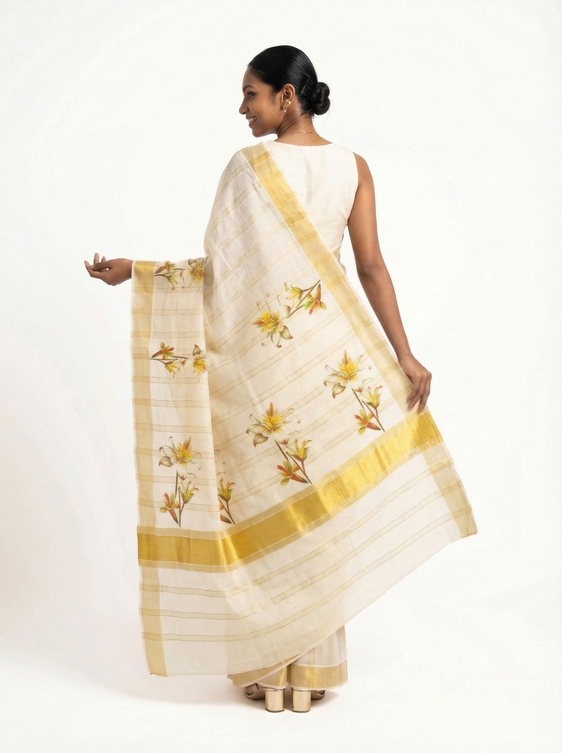 Cotton Cream Saree with Floral Print and Golden Border Pattern Set Saree