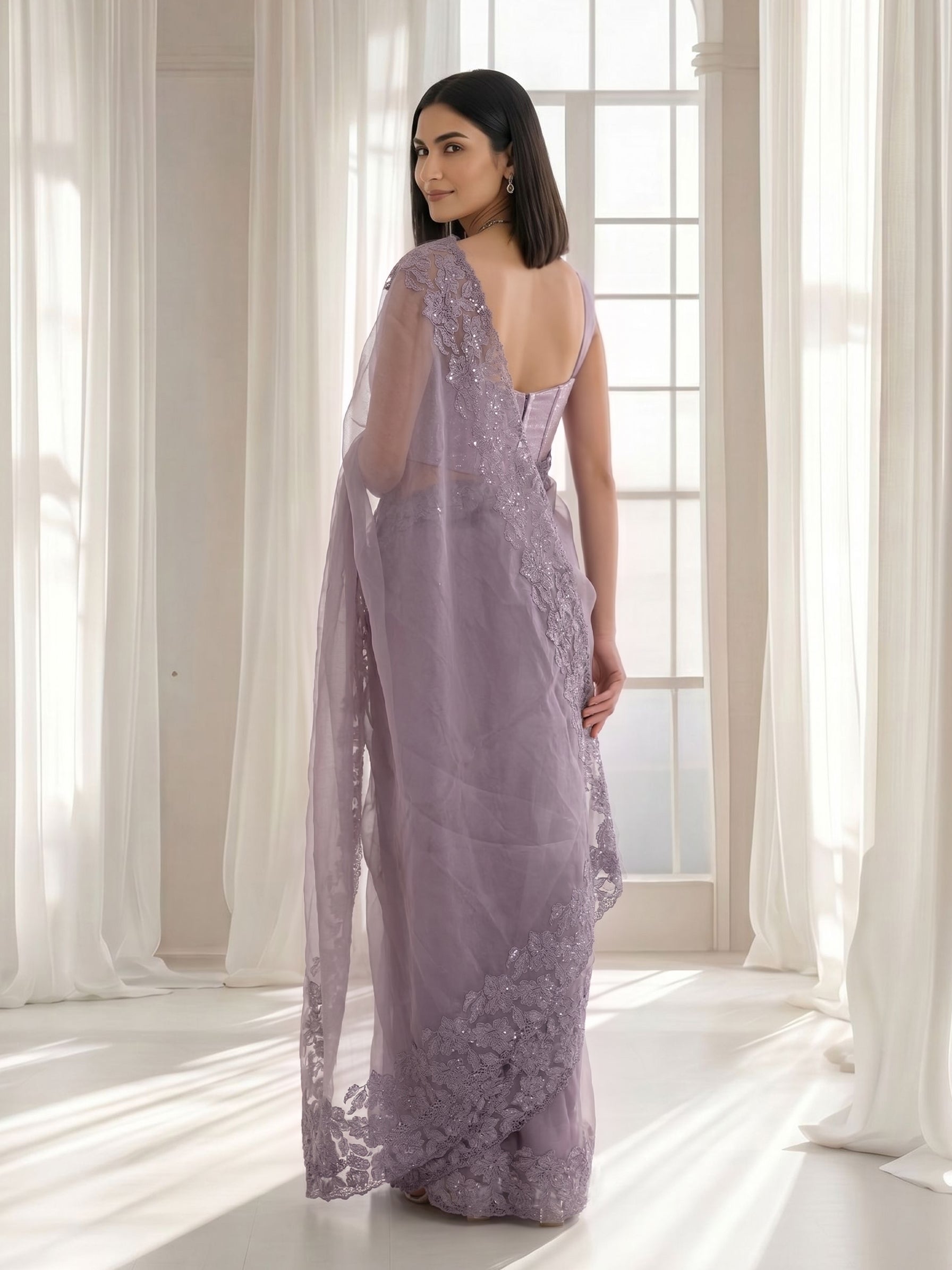 Organza Dusty Lavender Grey Plain Saree with Tone-on-Tone Floral Lace Border & Sequin Embellishment