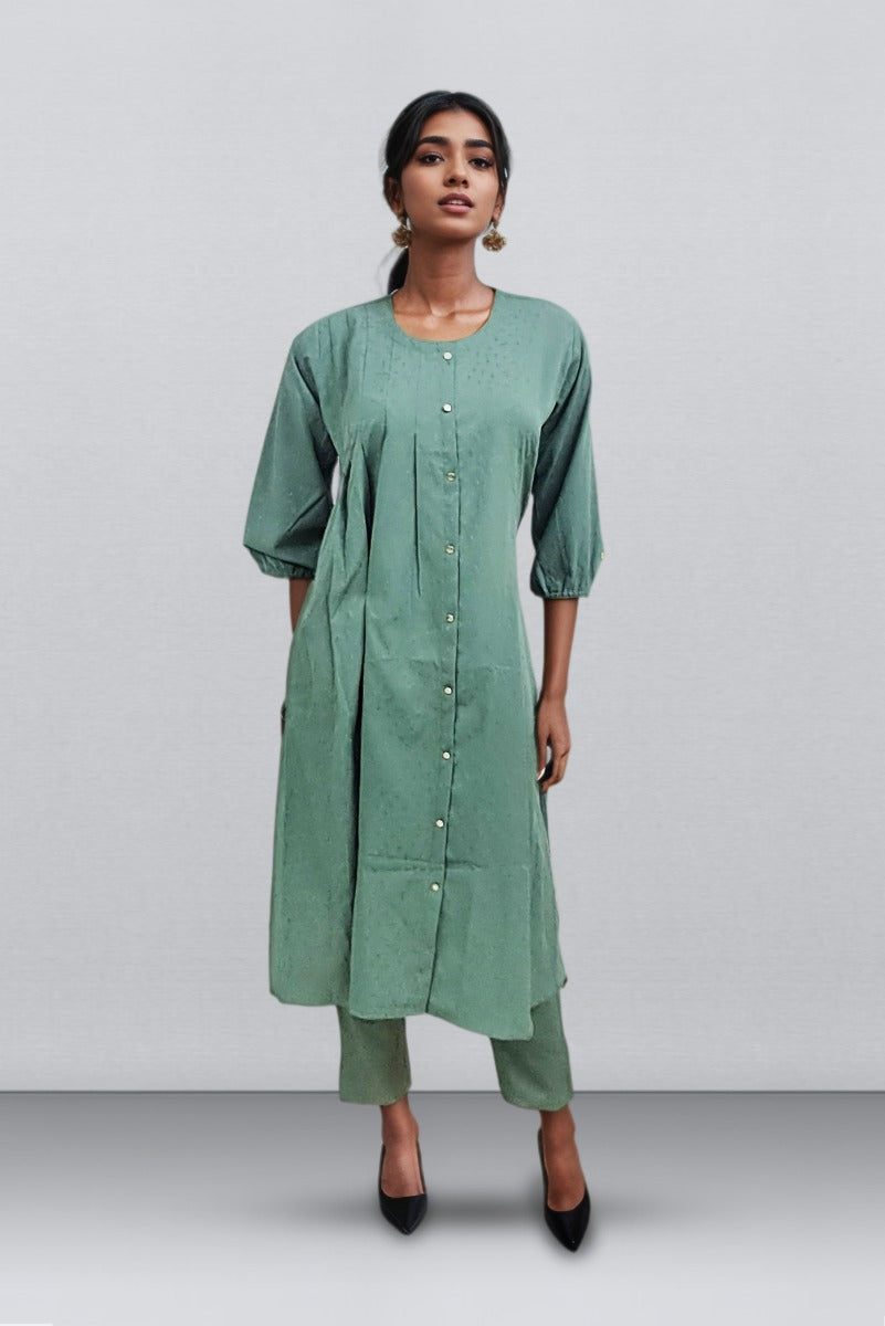 Dark Rama Green Cotton Mix Cord Set With Thread Work