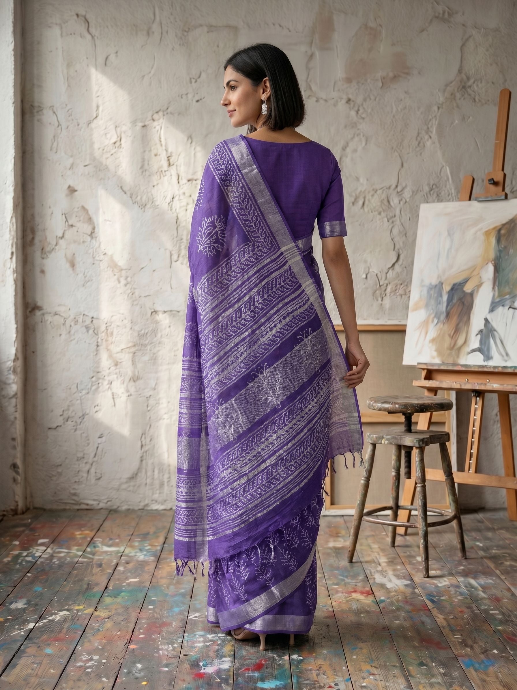 Cotton Violet Purple Hand Block Print Saree with Fern Tree Motifs & Scroll Border