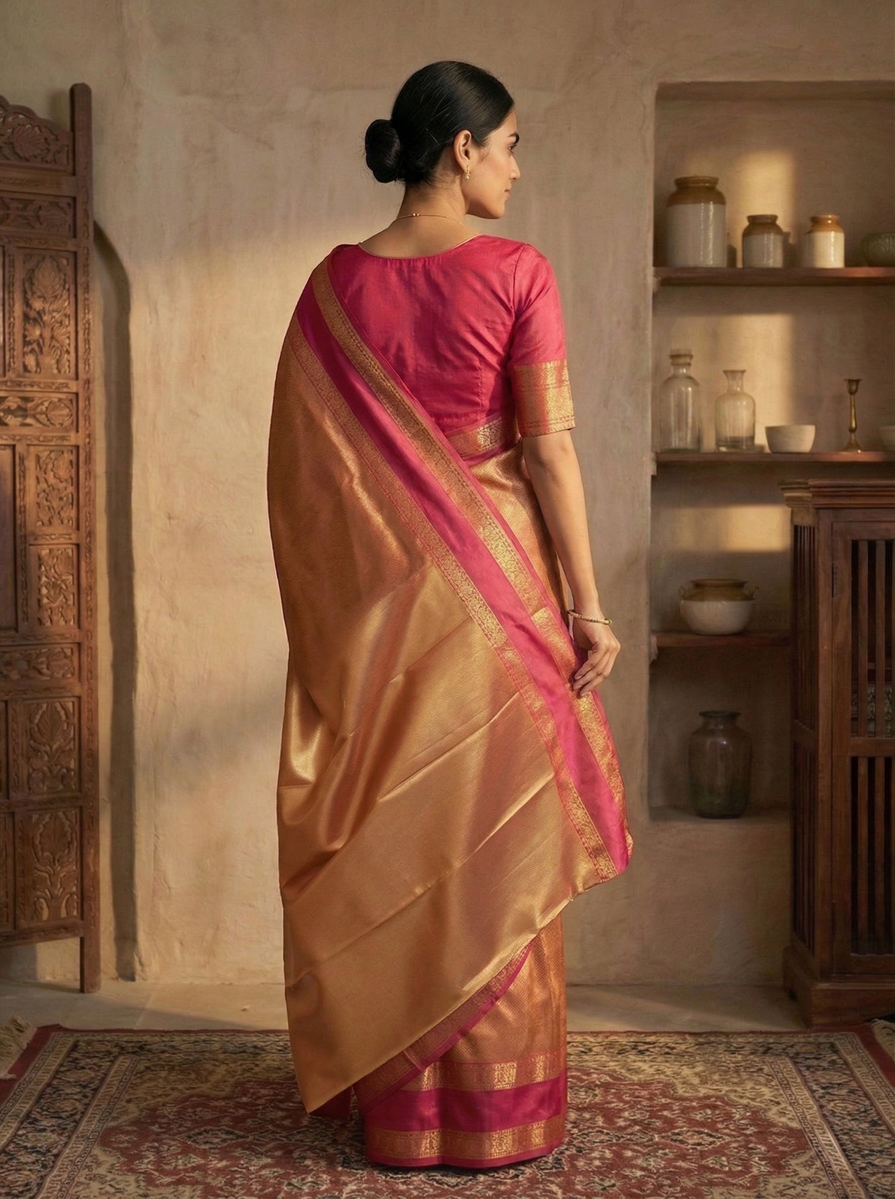 Semi Silk Copper and Pink Zari Woven Saree