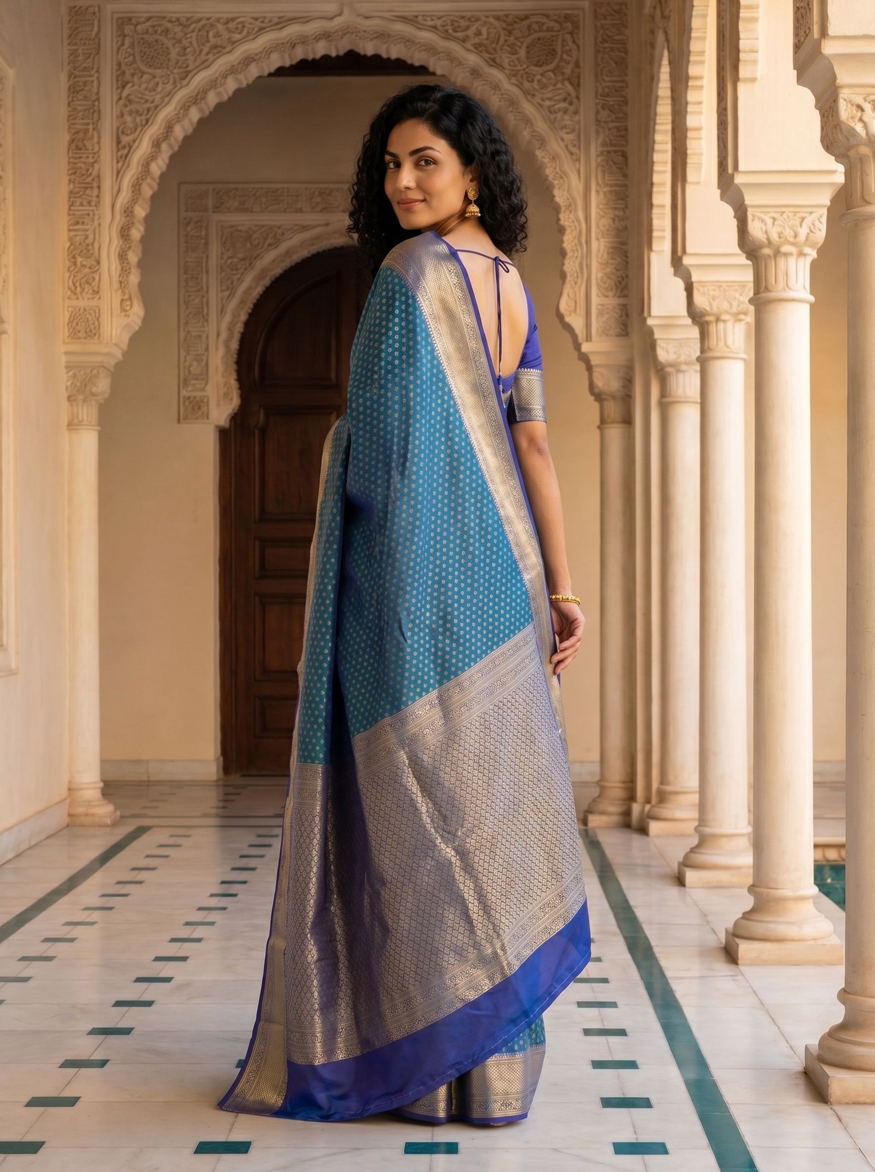 Pure Silk Peacock Blue All Over Zari Butta Saree