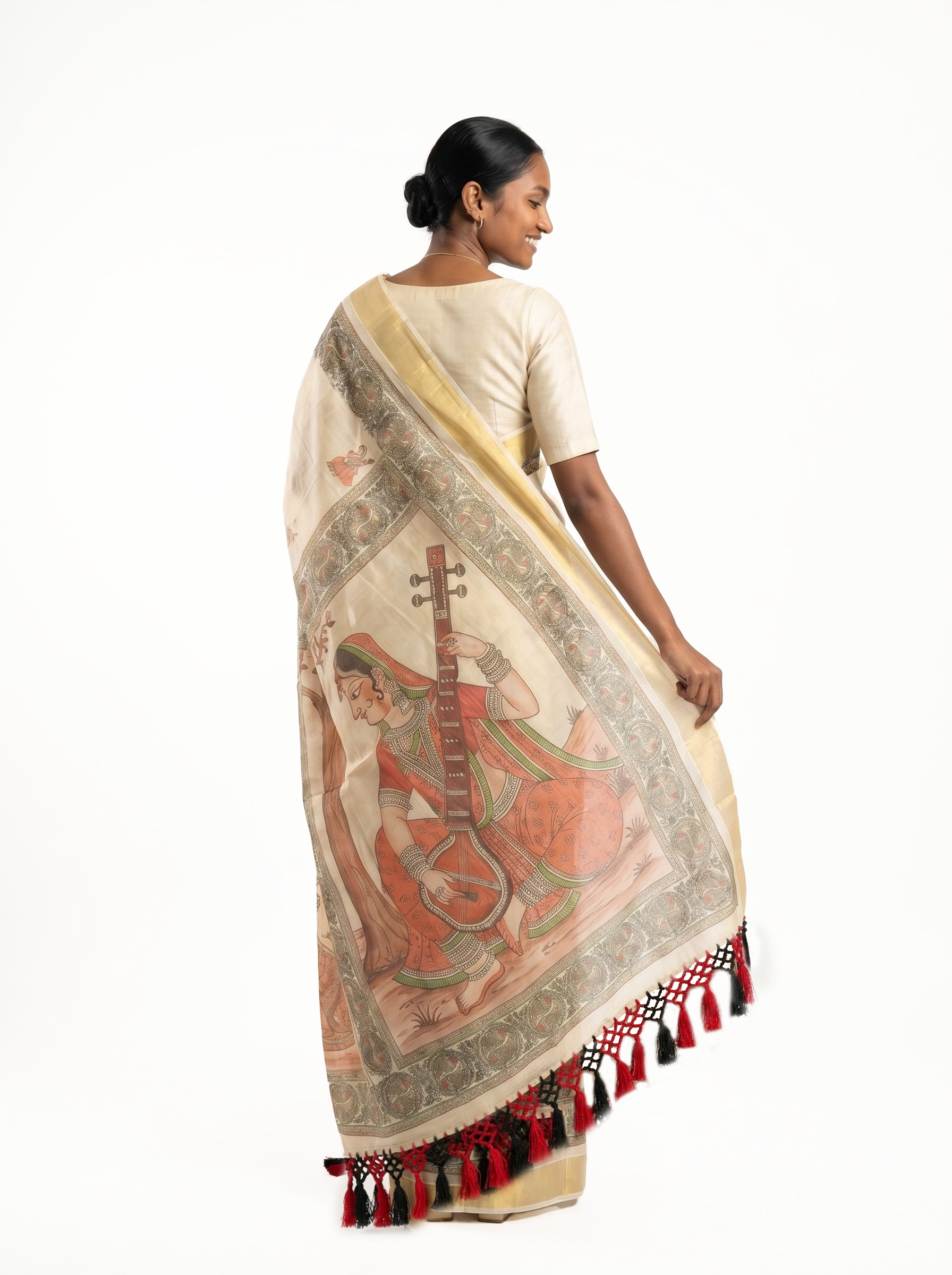 Tissue Kasavu Cream Saree with Veena Player Medallion Digital Print, Gold Zari Border & Tassel Pallu