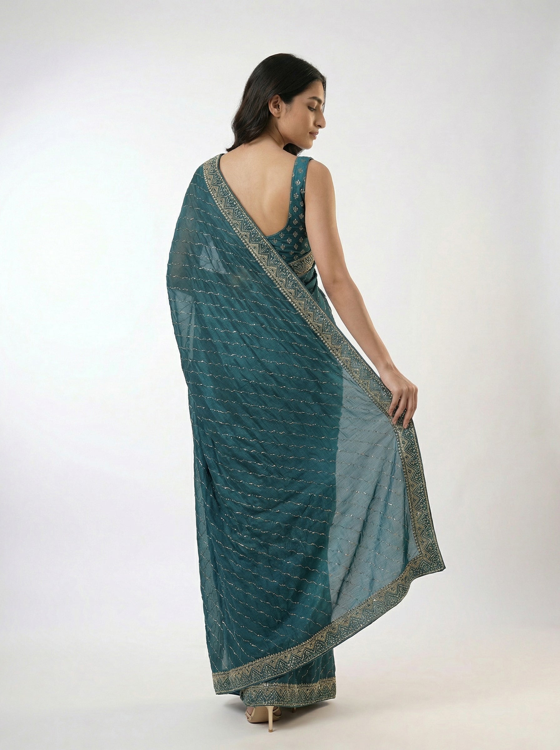 Vijithra Silk Peacock Blue Wave Design Stone Work Designer Saree