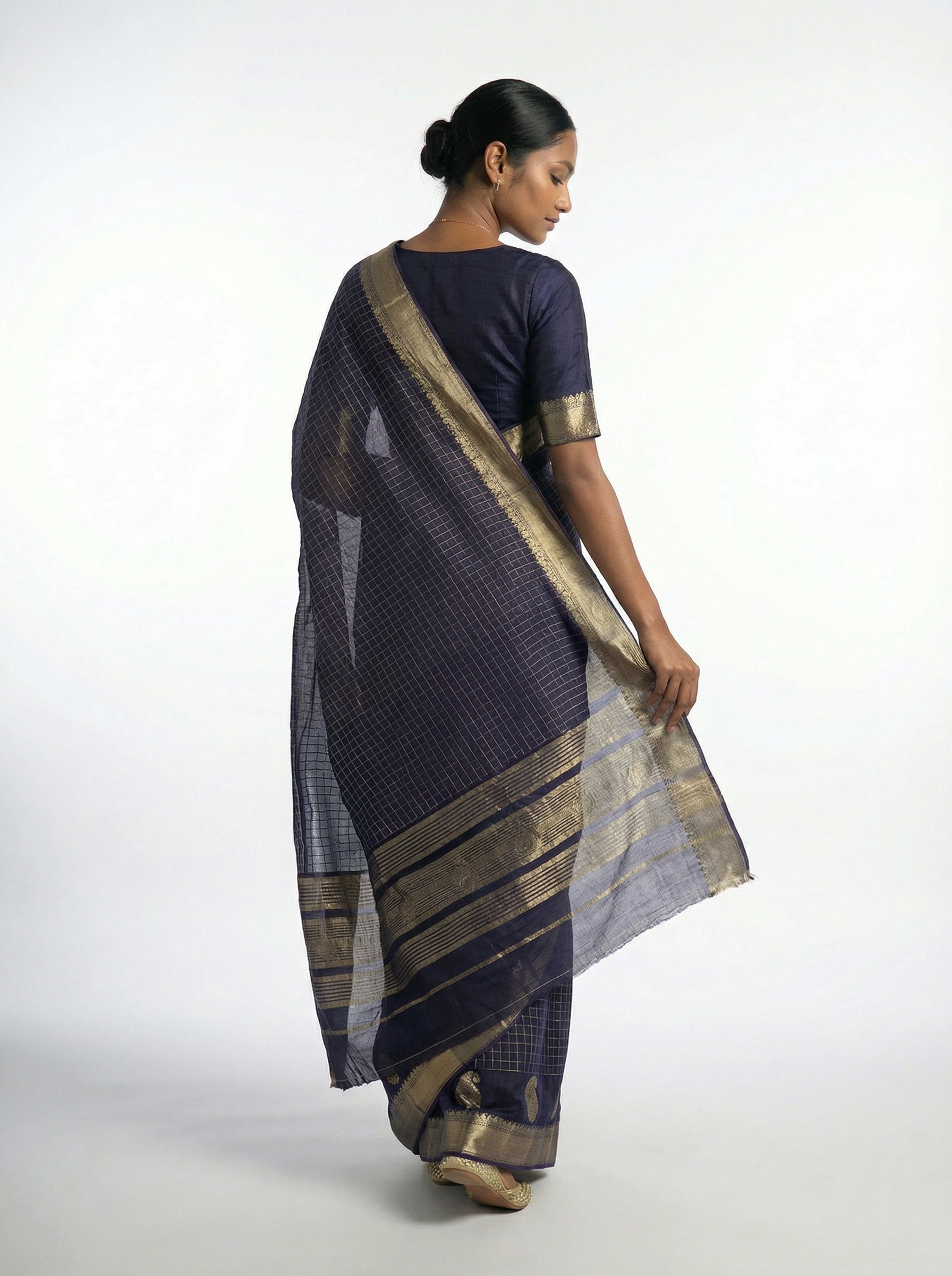 Cotton Purple Saree with Gold Checkered Weave and Zari Border