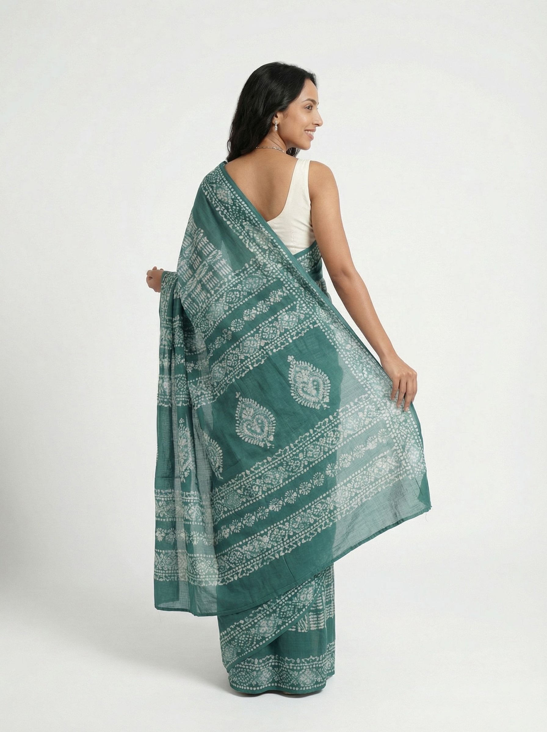 Chanderi Cotton Teal White Handblock Print Saree