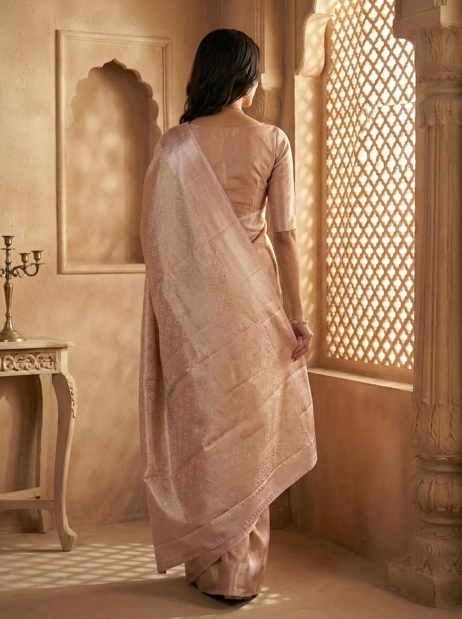Semi Silk Blush Pink Floral Pattern Saree