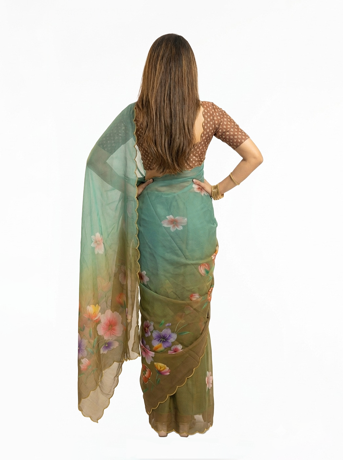Chiffon Teal Brown Ombre Floral Printed Designer Saree
