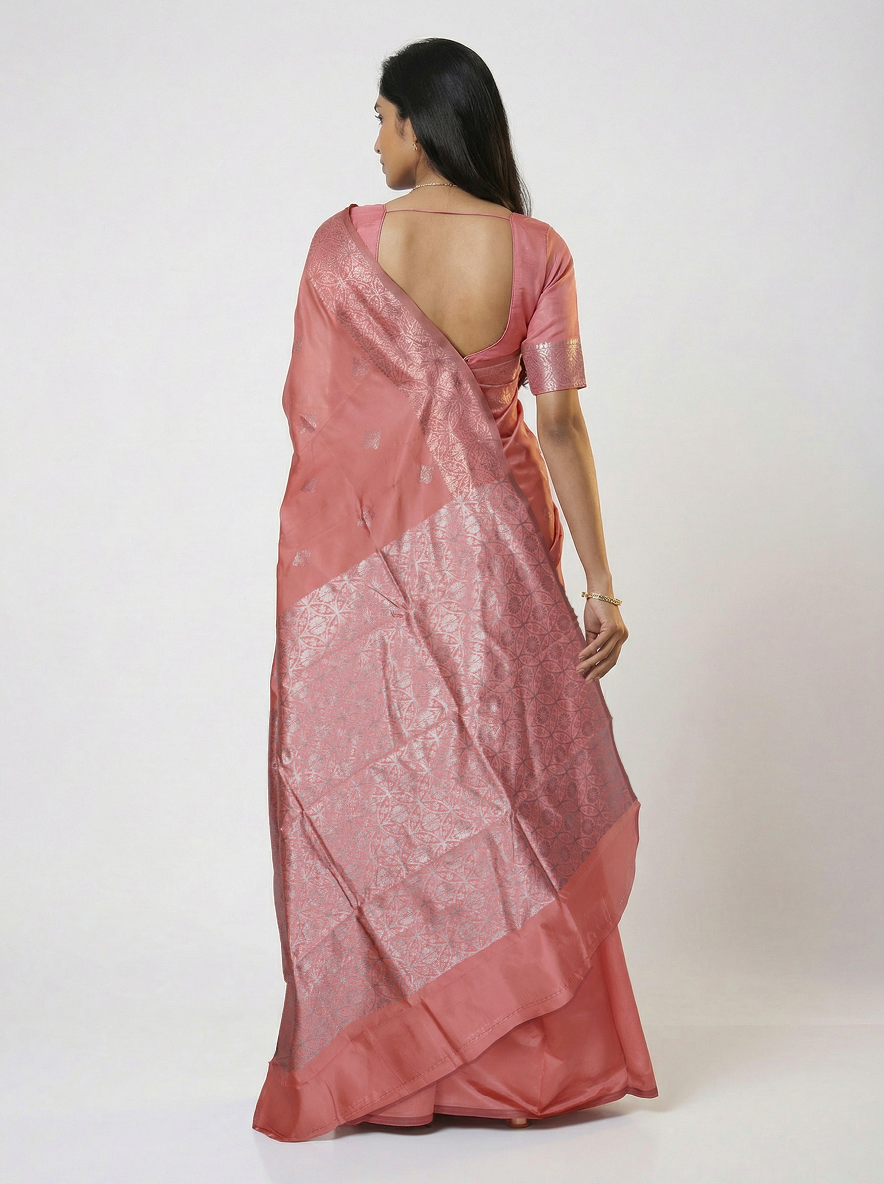 Semi  Silk Peach  Saree with Alternating Floral Design Body