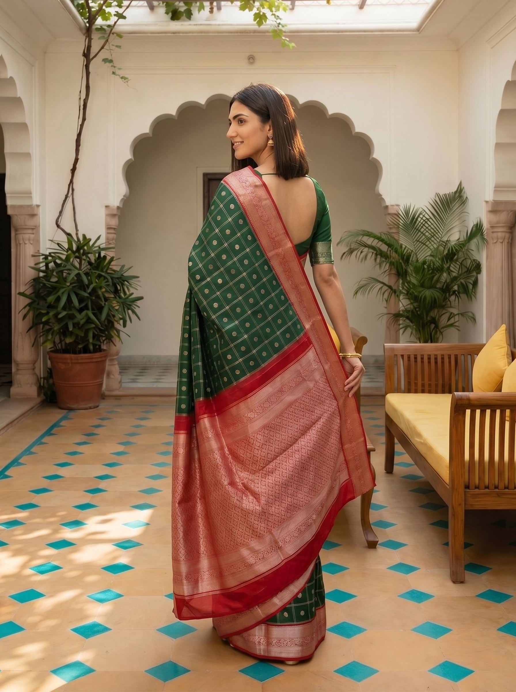 Pure Silk Bottle Green Zari Checks and Butta Saree
