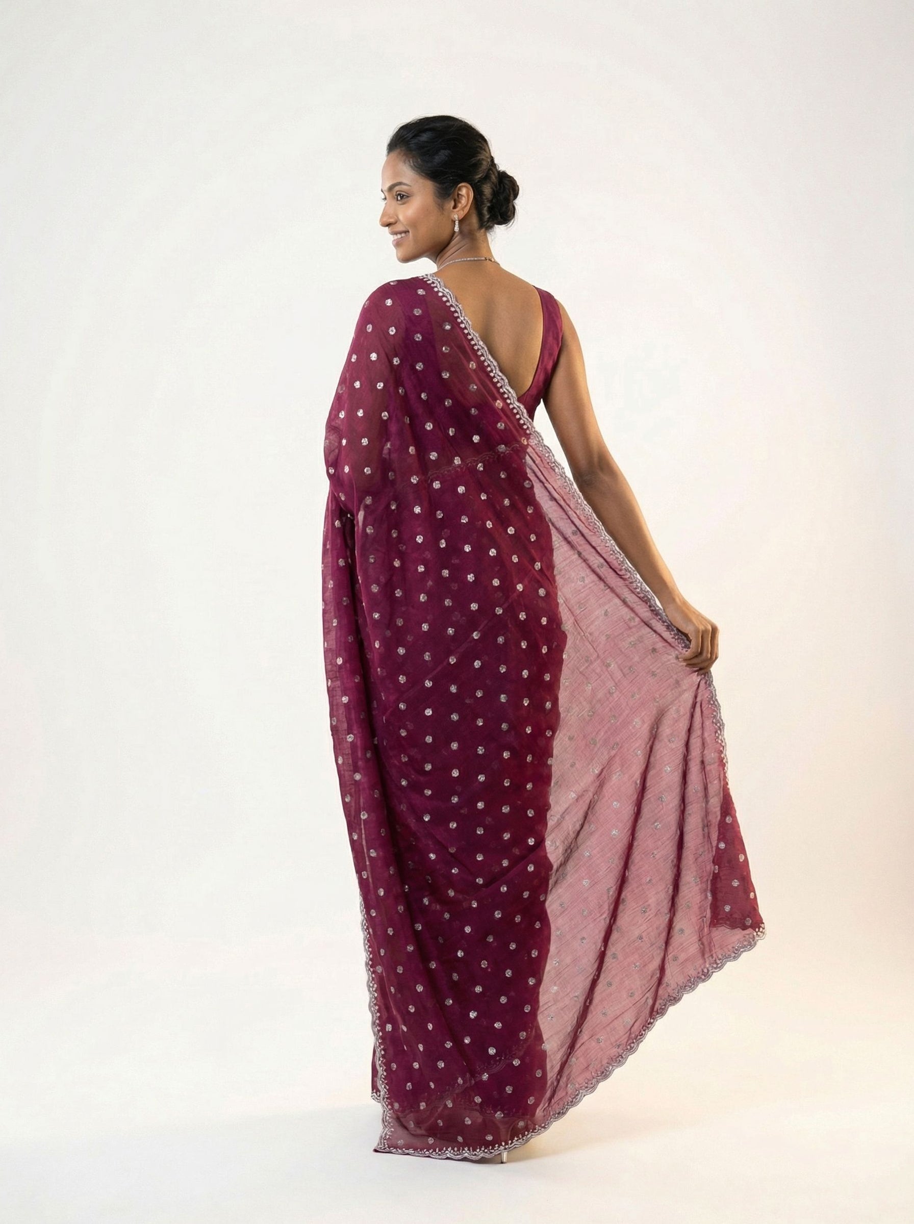 Shimmer Organza Wine Polka Dot Designer Saree with Embellished Border