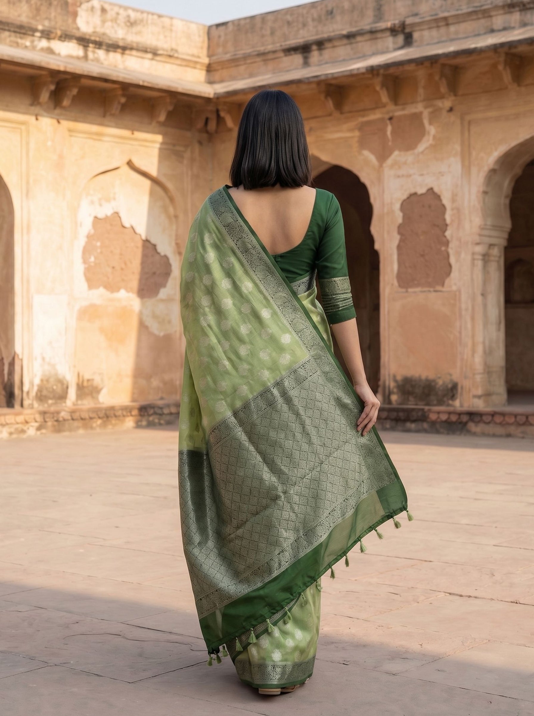 Semi Tussar Light Green Woven Zari Butta Traditional Saree