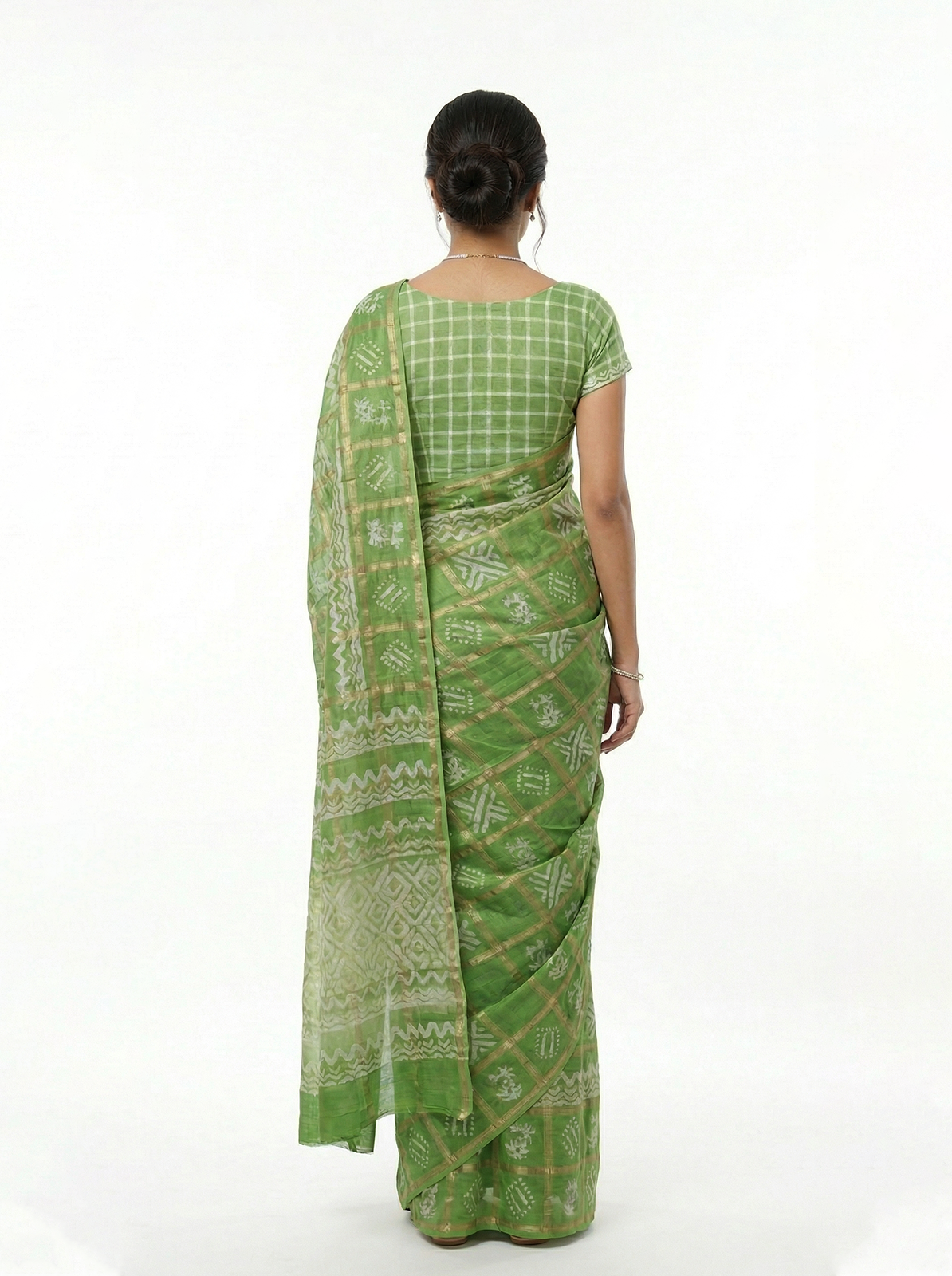 Chanderi Cotton Parrot Green Check Pattern Printed Saree