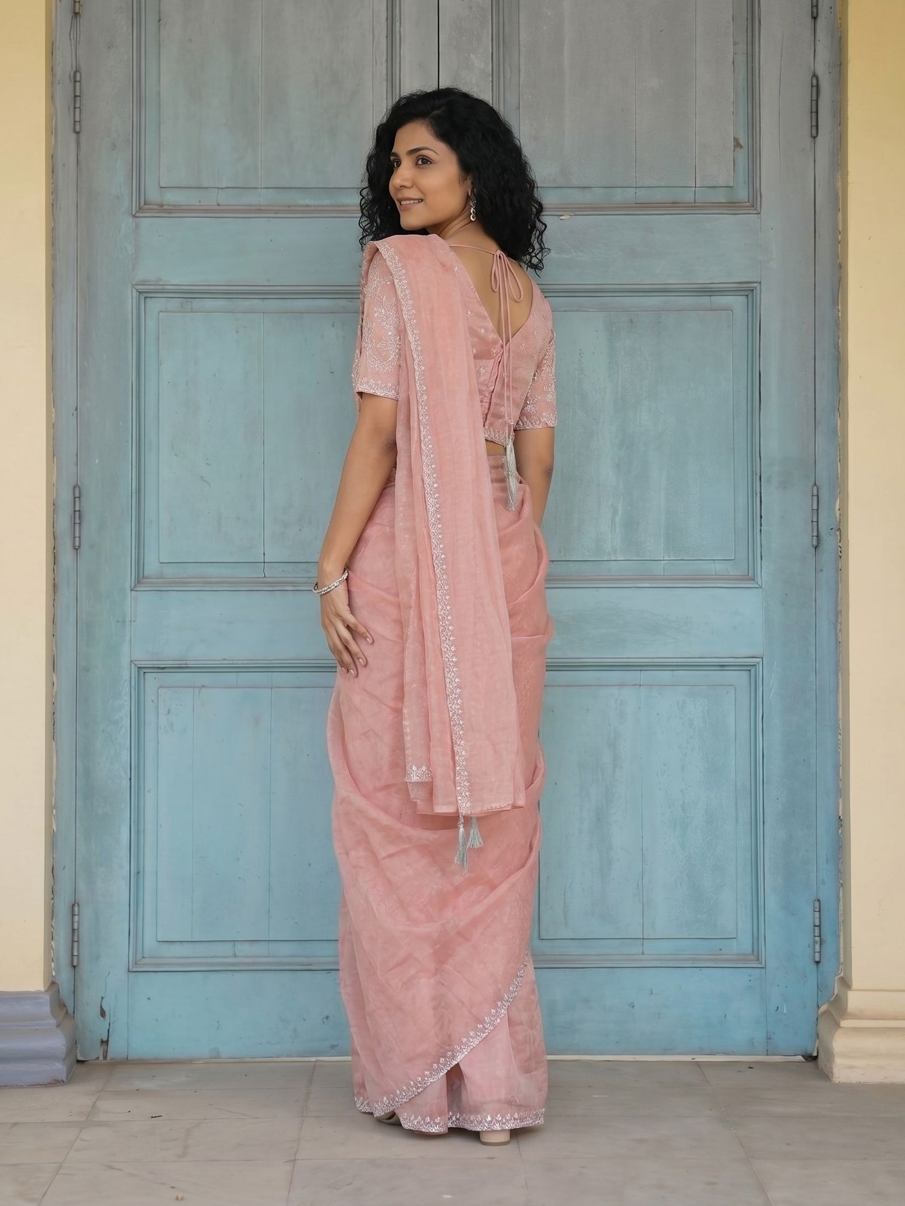 Organza Silk Baby Pink Shimmer Border Ready to Wear Saree