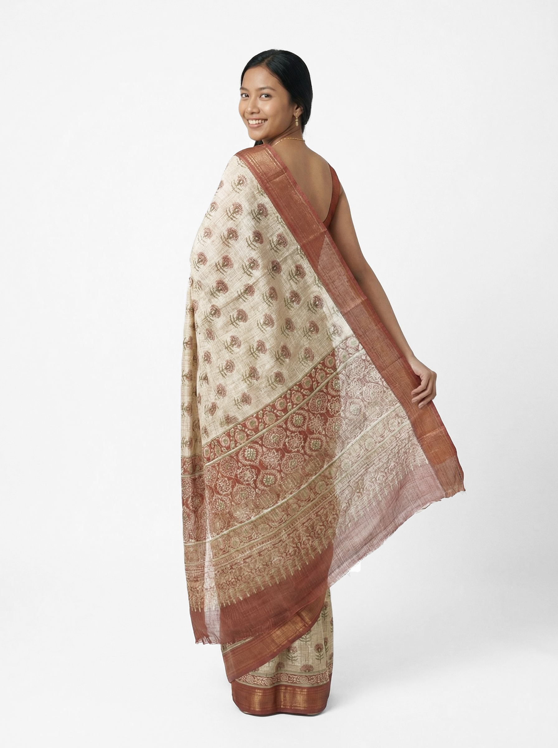 Chanderi Cotton  Beige Floral Butta Printed Saree