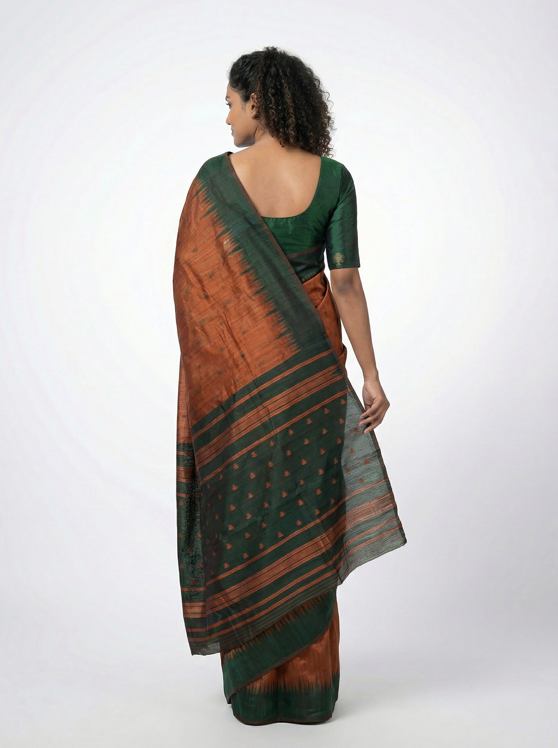 Semi Silk Wood Brown Saree with Contrast Bottle Green Blouse
