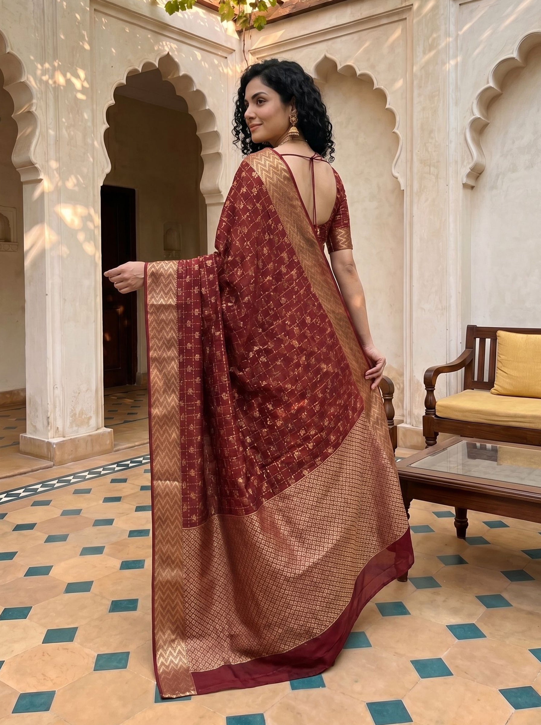 Tussar Maroon Grid and Floral Buta Saree