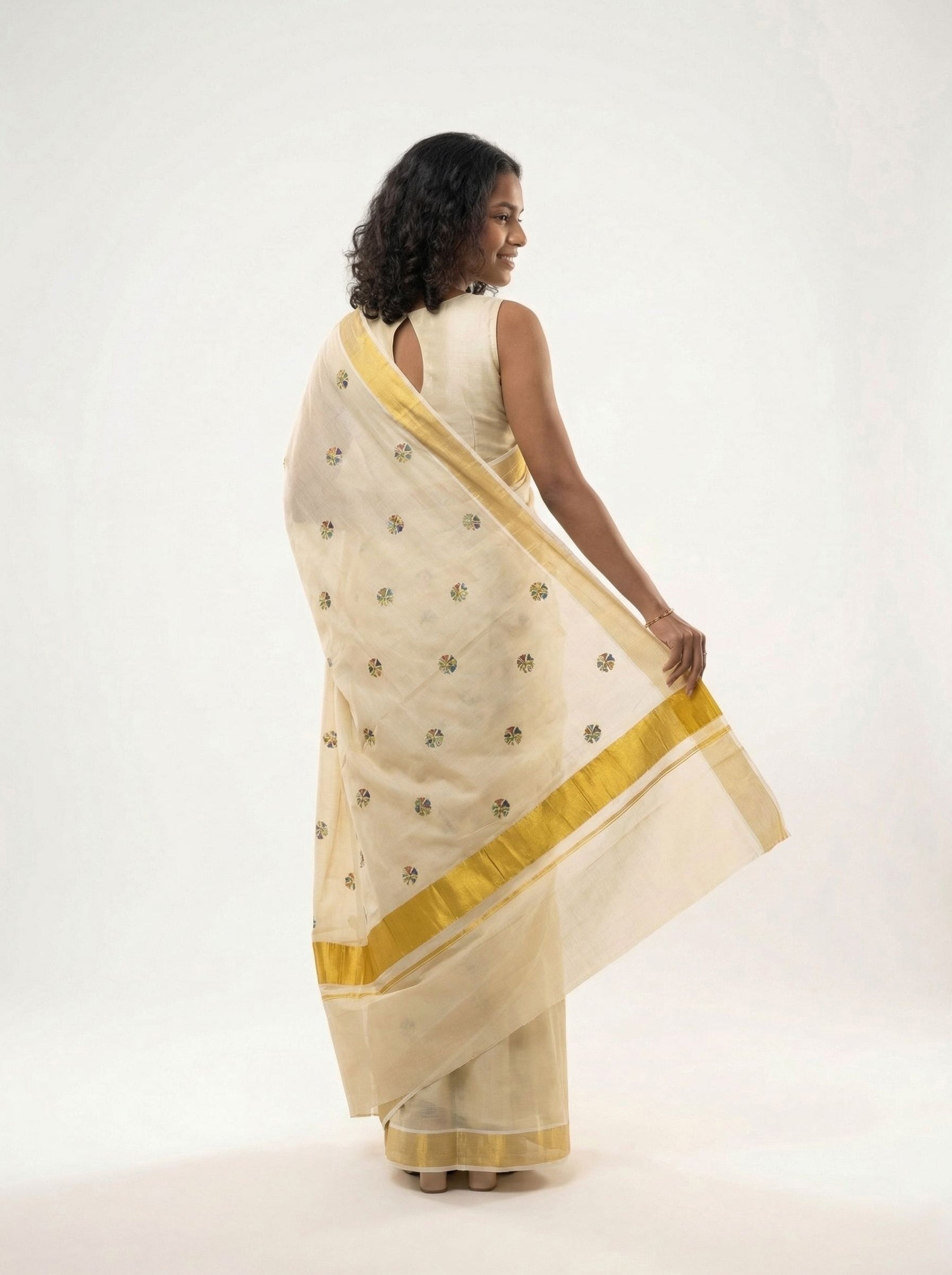 Tissue Cream Floral Butta Pattern Set Saree with Kasavu Border