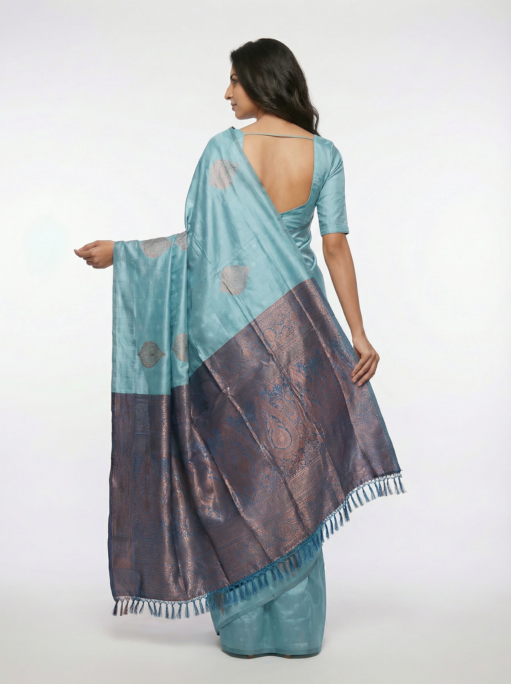 Semi Silk Women’s Pastel Blue Saree with Contrast Peacock Blue Blouse