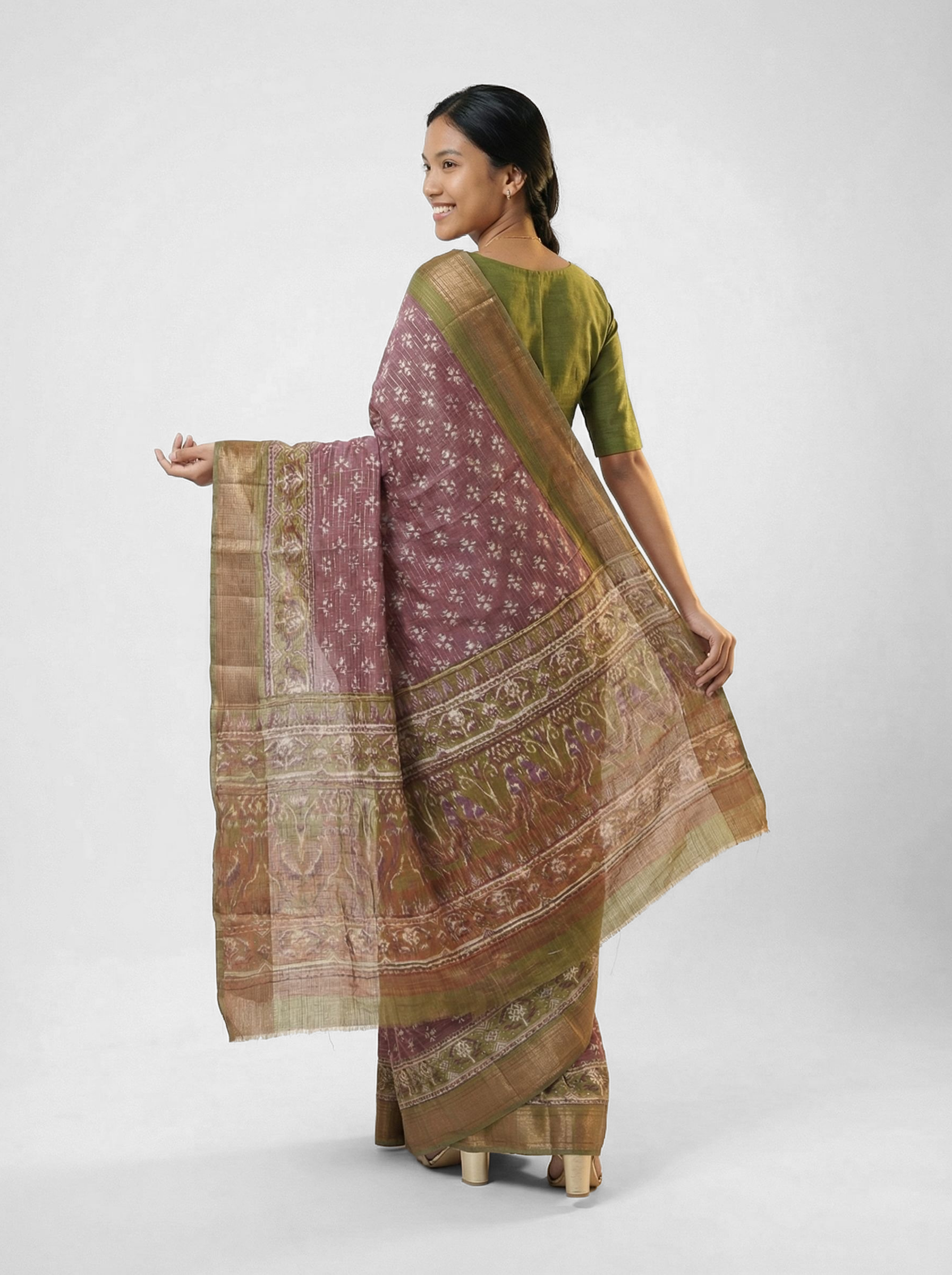 Chanderi Cotton Mauve And Olive Printed Saree