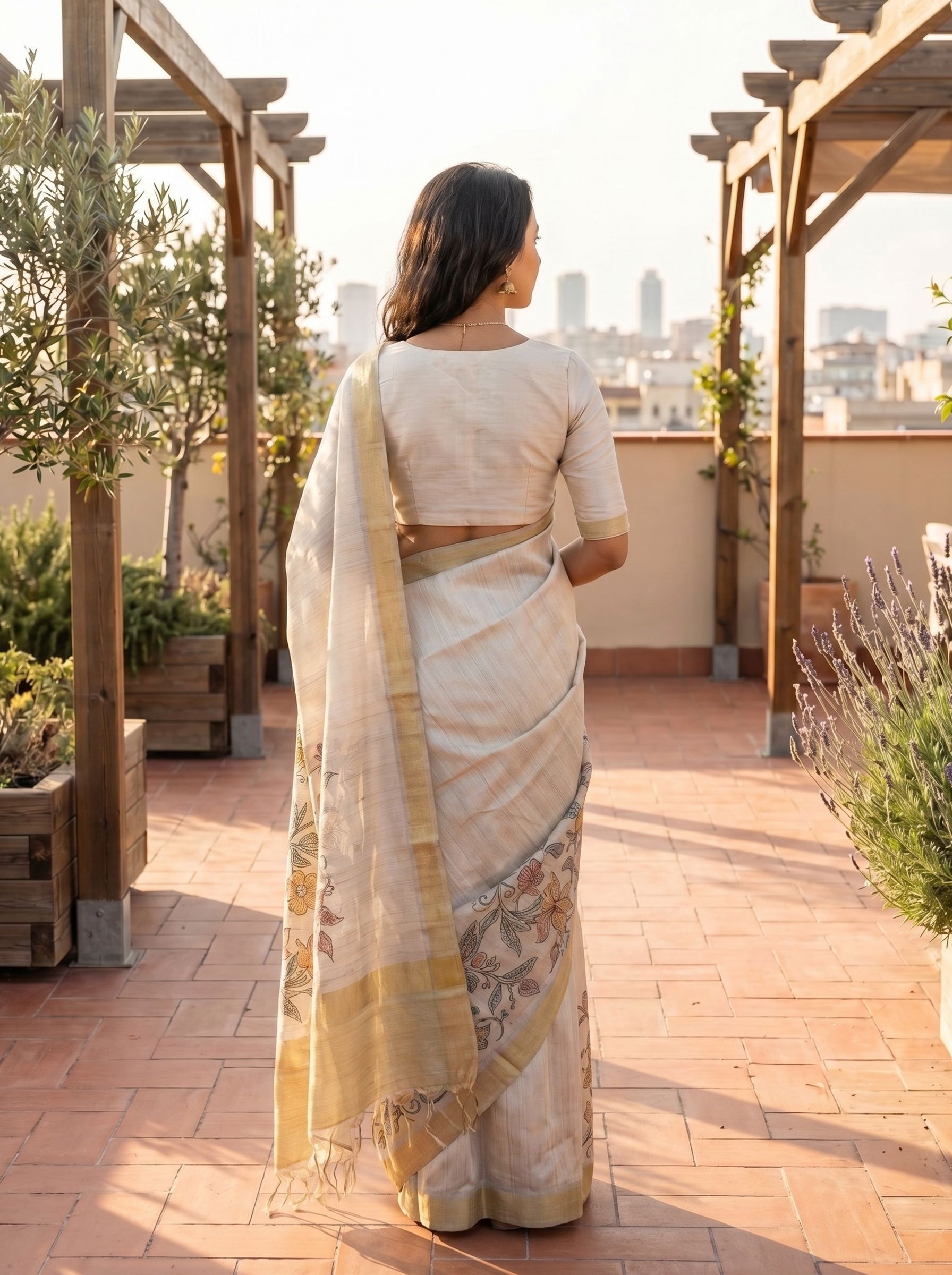 Semi Tussar Off White Saree with Floral Border