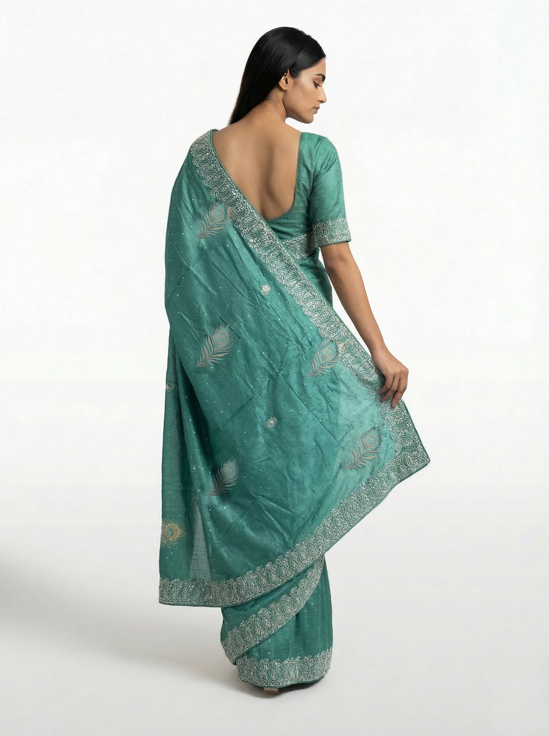 Vijithra Silk Teal Green Feather Motif Stone Work Designer Saree
