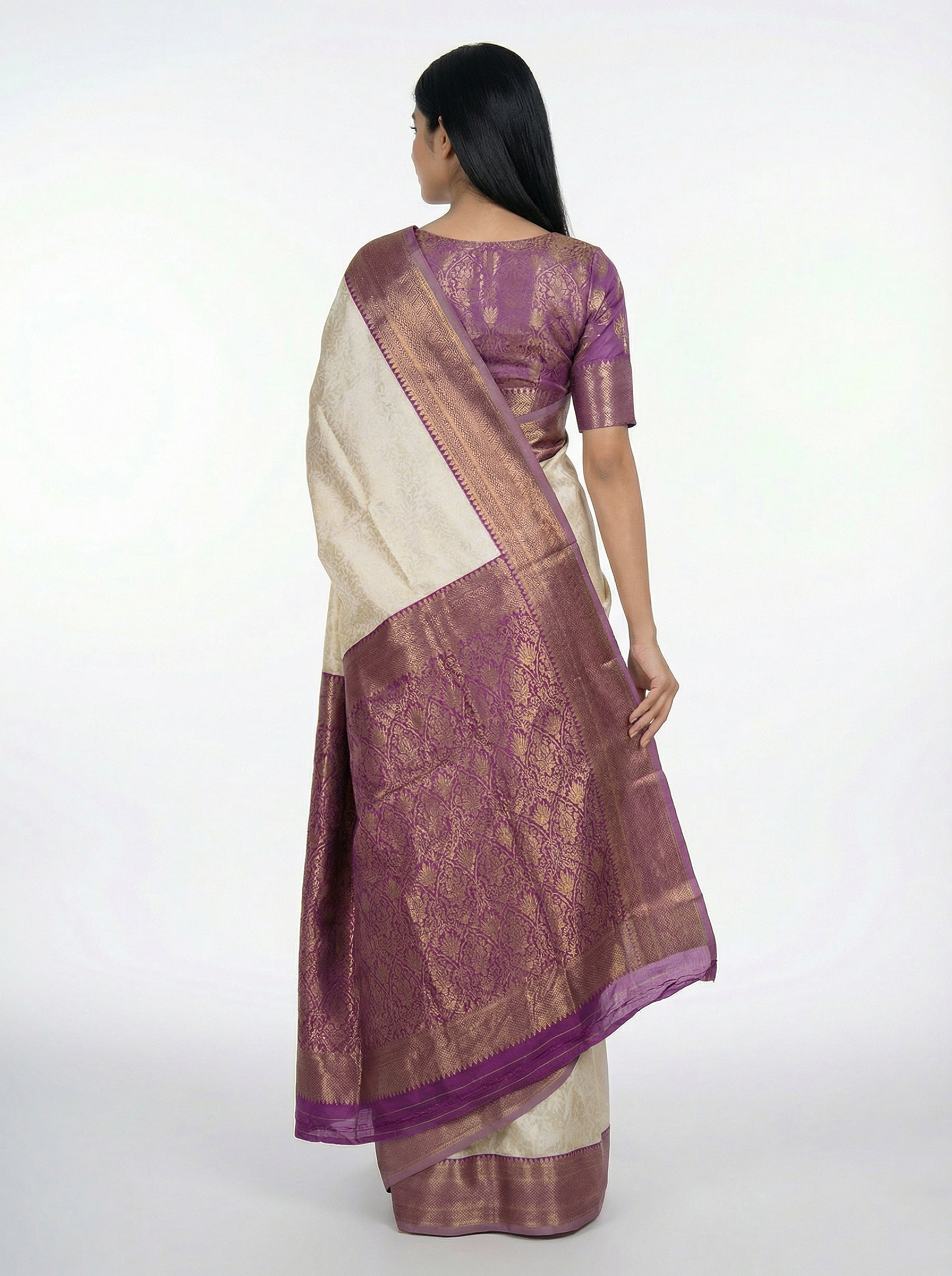 Semi Silk Women’s Off White Saree with Rich Banarasi Floral Pallu