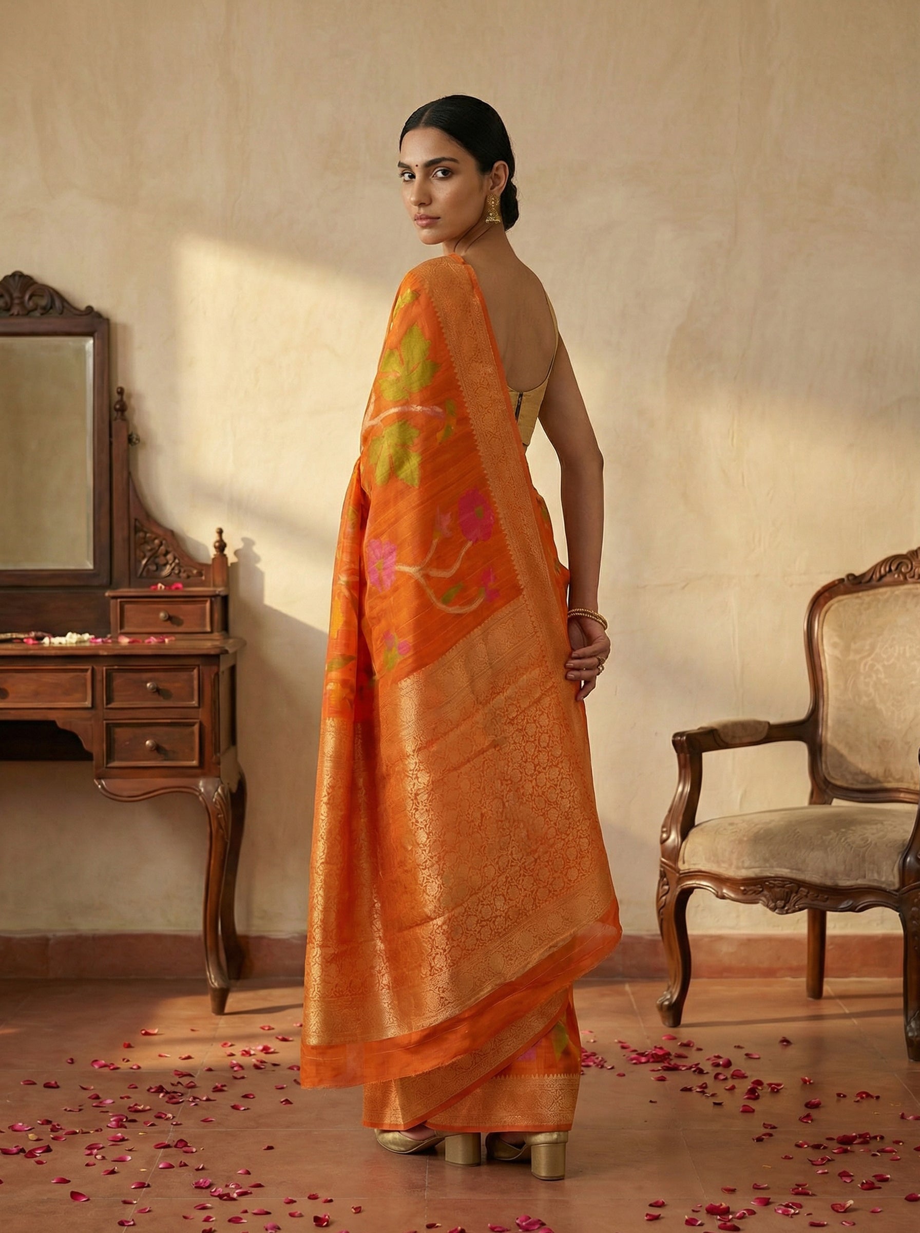 Jute Sunset Orange Botanical Print Saree