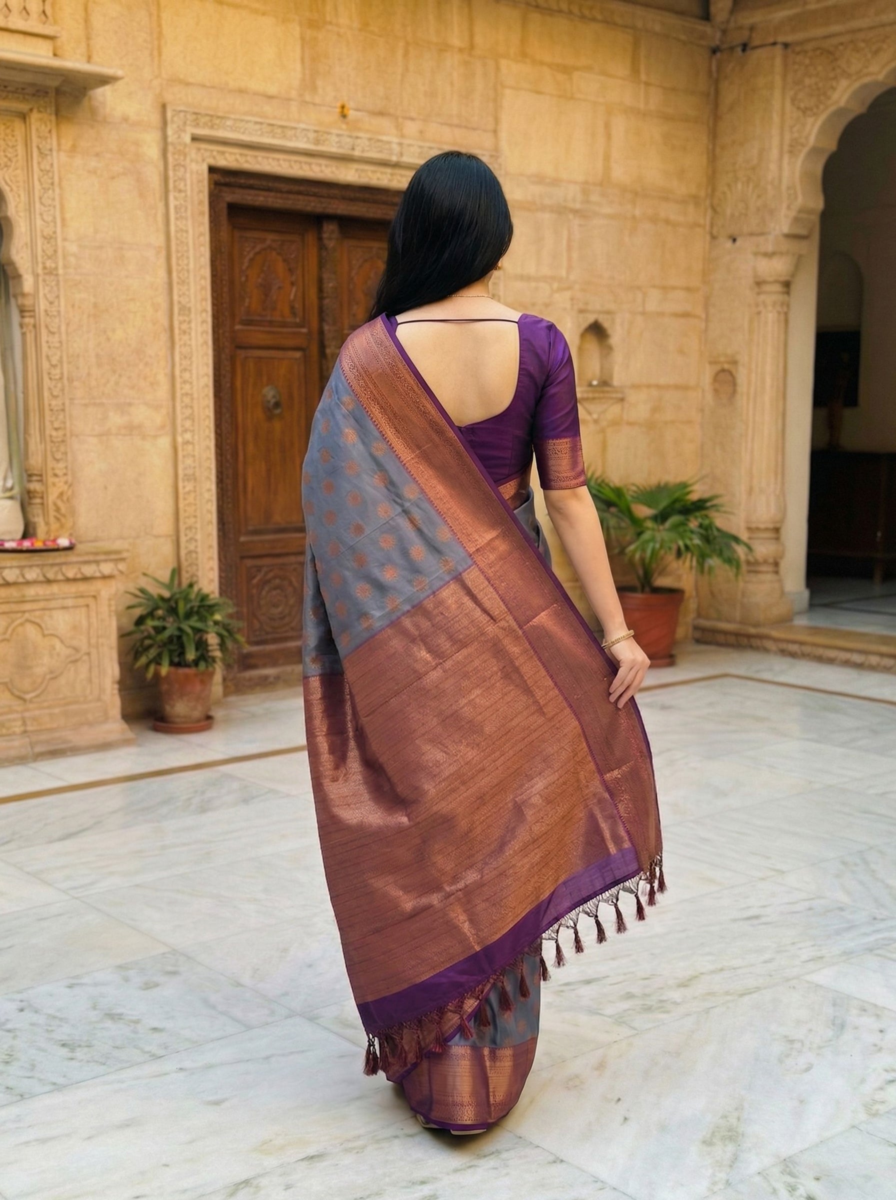 Semi Silk Grey Traditional Saree with Delicate Butta and Temple Border