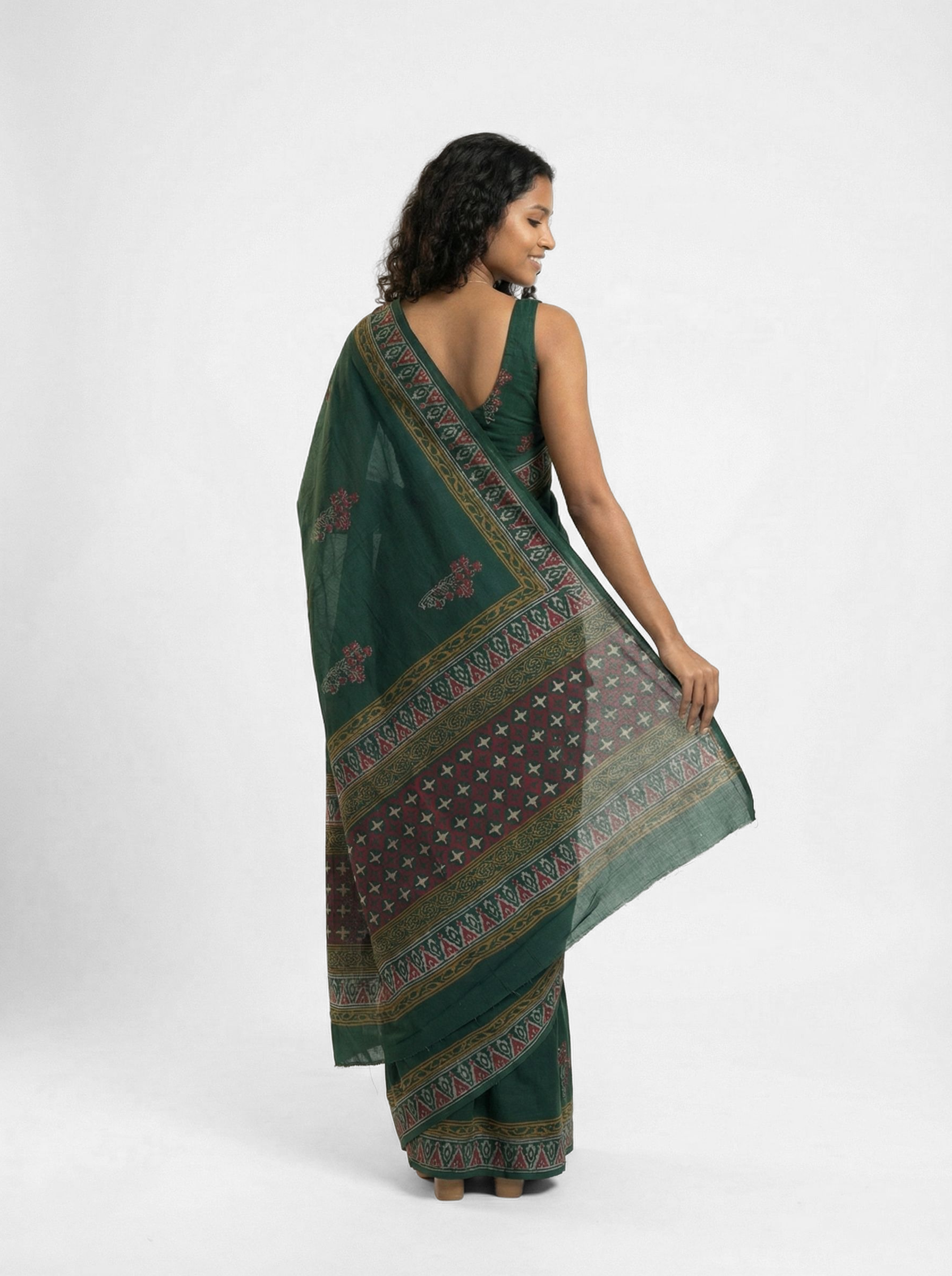 Chanderi Cotton Dark Green Embroidered Saree