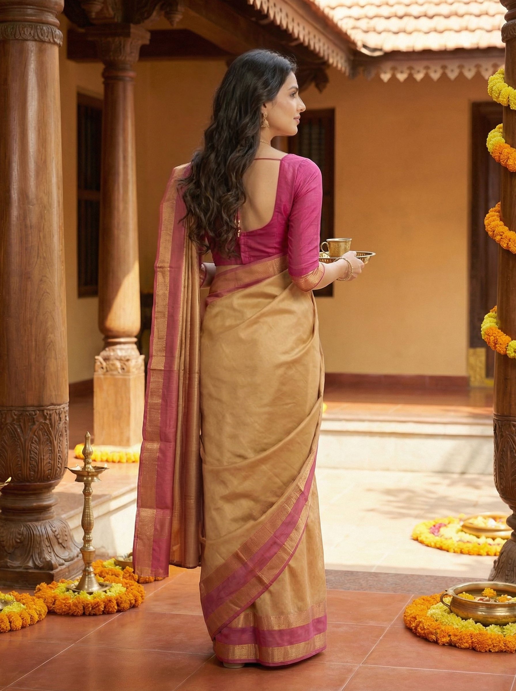Semi Silk Gold Pink Traditional Weaving Saree