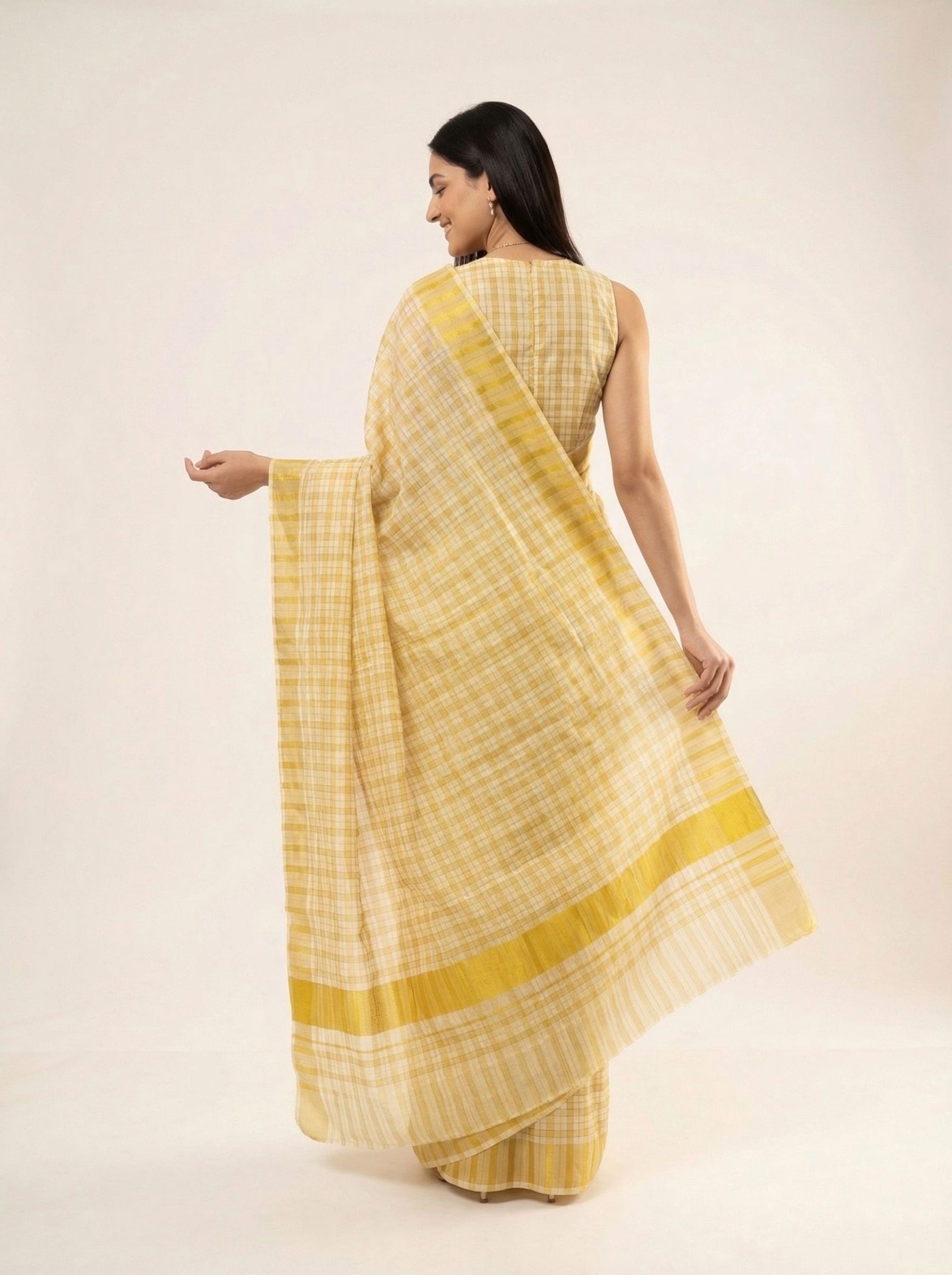 Tissue Cream Saree with Yellow Checked Pattern Set Saree