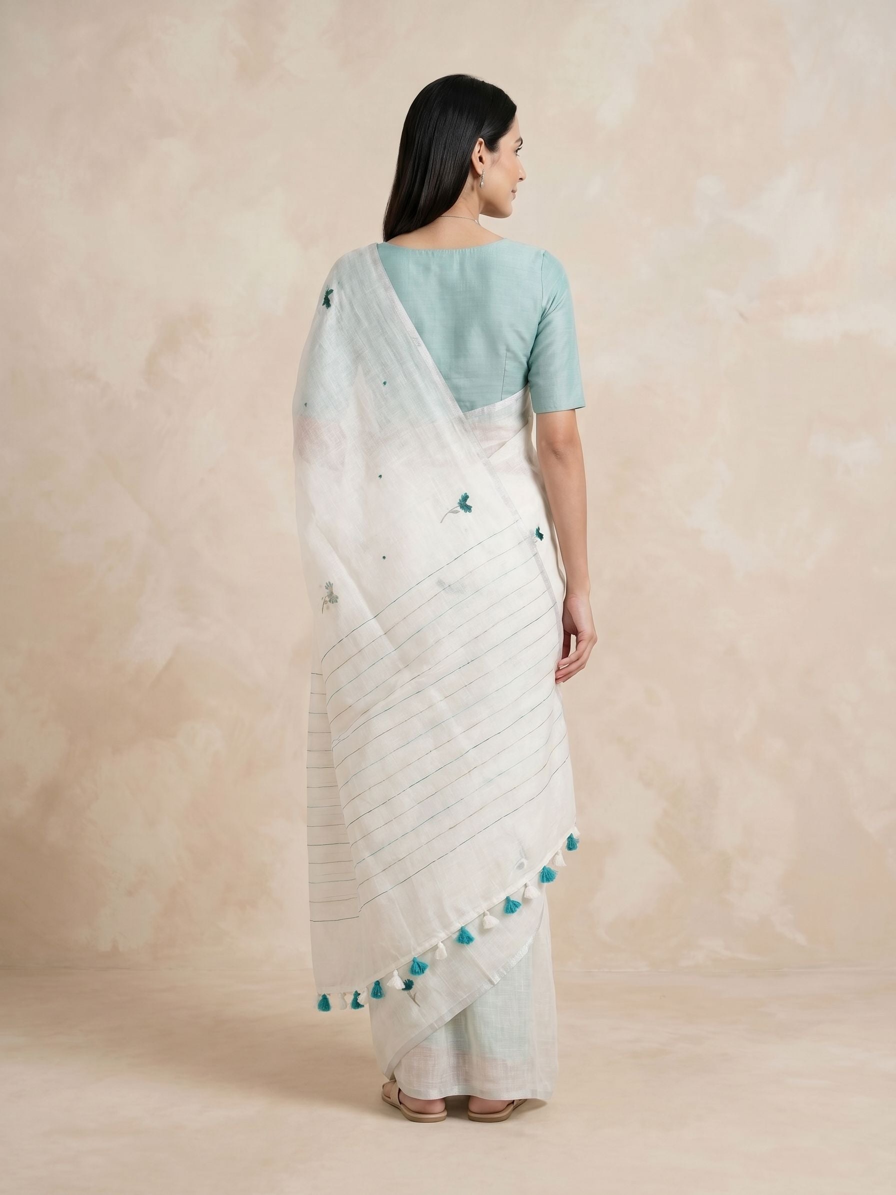 Linen White Embroidered Floral Booti Saree with Teal Accent & Striped Pallu Border